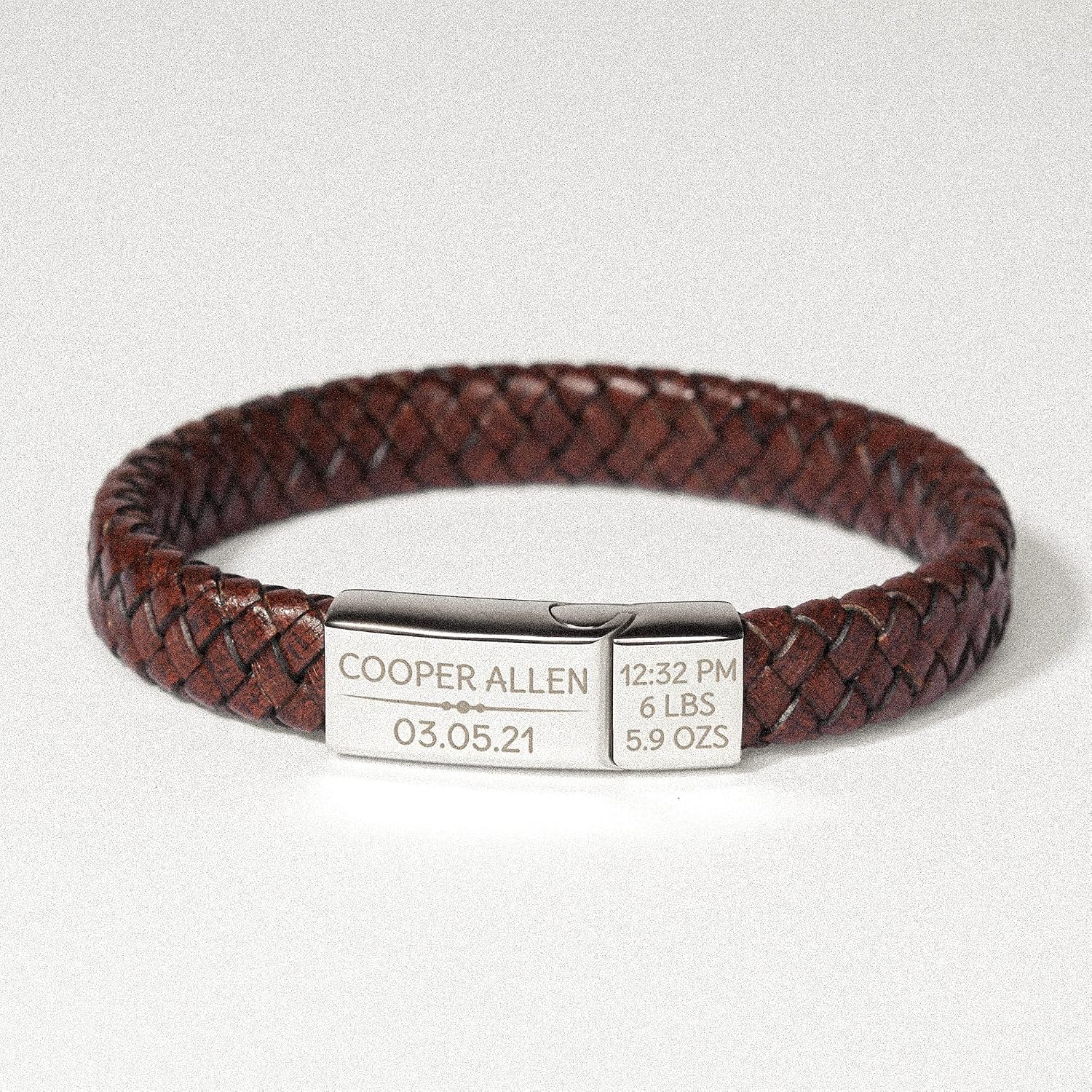 Baby Stats Bracelet For New Dad, Leather Bracelet For Dad With Kids' Name, First Father's Day Gift, Kid's Name And Birthday Leather Bracelet For Men