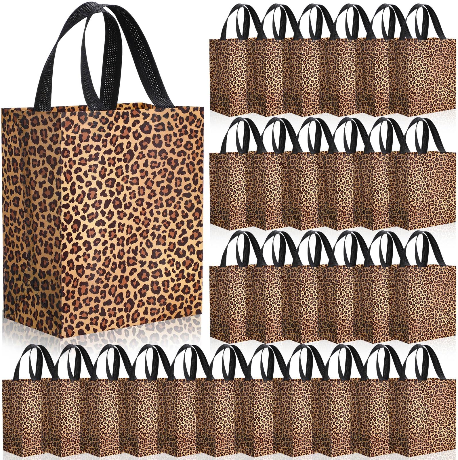 Eccliy 80 Pieces Leopard Gift Bags Set Glossy Reusable Tote with Handles Grocery Bags for Wedding, Bachelorette Party, Christmas, 10 x 8 x 4.7 Inch
