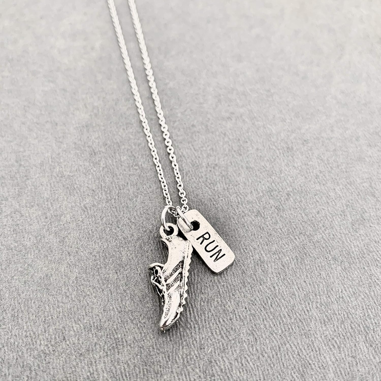 Pewter RUN Rectangle Necklace - Running Shoe Charm and Pewter RUN Rectangle Charm on 18 inch Stainless Steel Cable Chain - Image 4