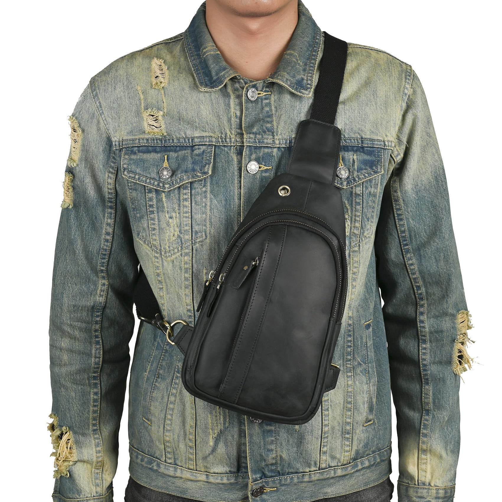 Le'aokuu Sac Poitrine Hommes Sacoche à Bandoulière Vintage en Cuir Véritable Voyage