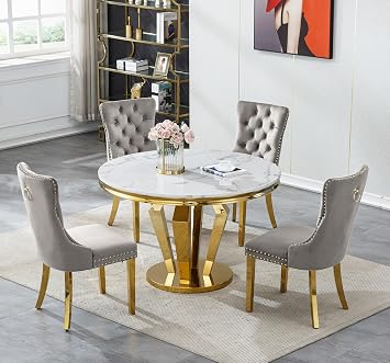 Round Dining Table Set for 4, White Faux Marble Dining Table & 4 Gray Velvet Chairs with Gold Stainless Steel Pedestal, 44.88" Dining Room Table and Chairs Set, Luxury 5 Piece Circle Dining Set