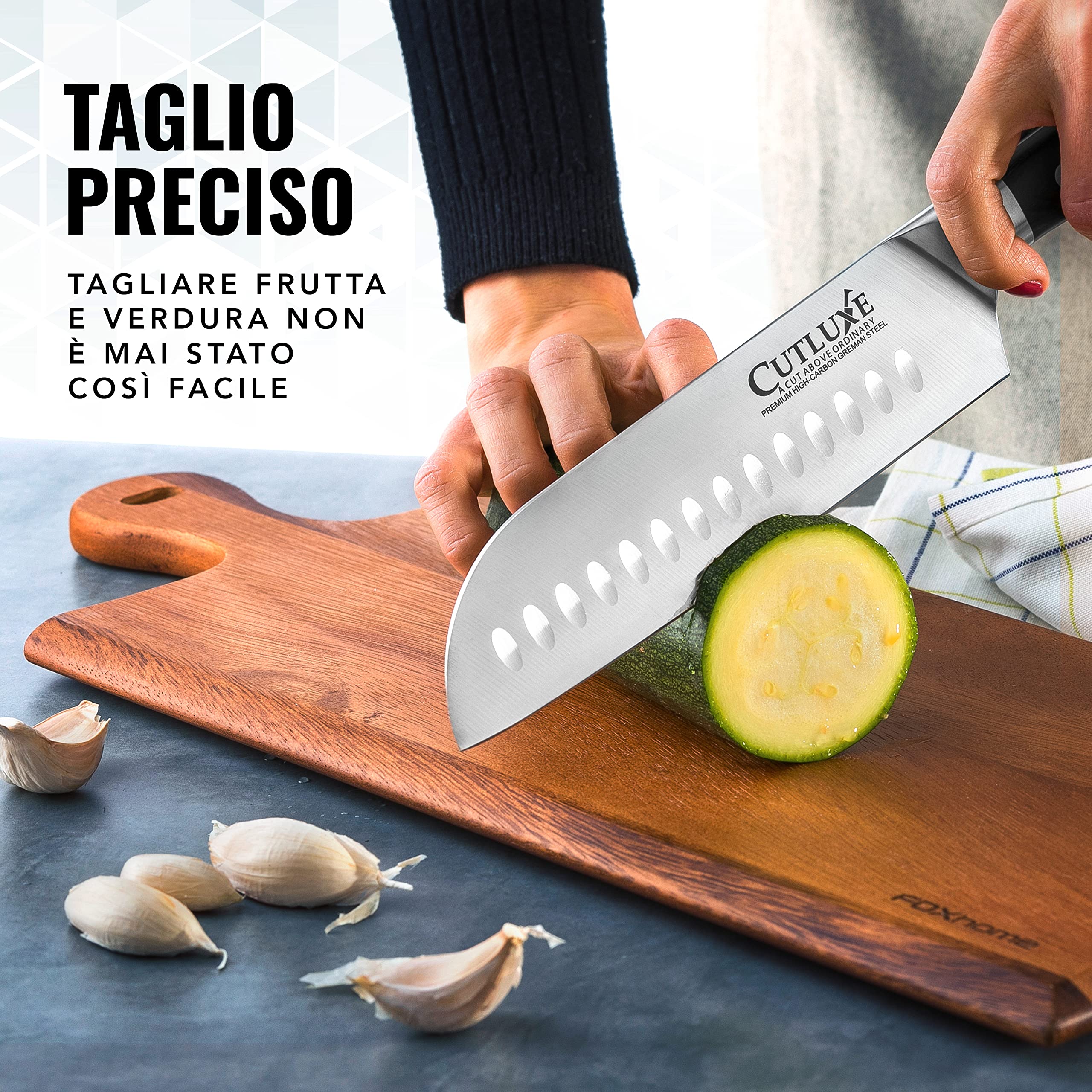 Cutluxe Coltello Santoku - 18cm Coltello Giapponese Professionale Con Guaina - Acciaio al Carbonio, Lama Affilata e Resistente - Artisan Series