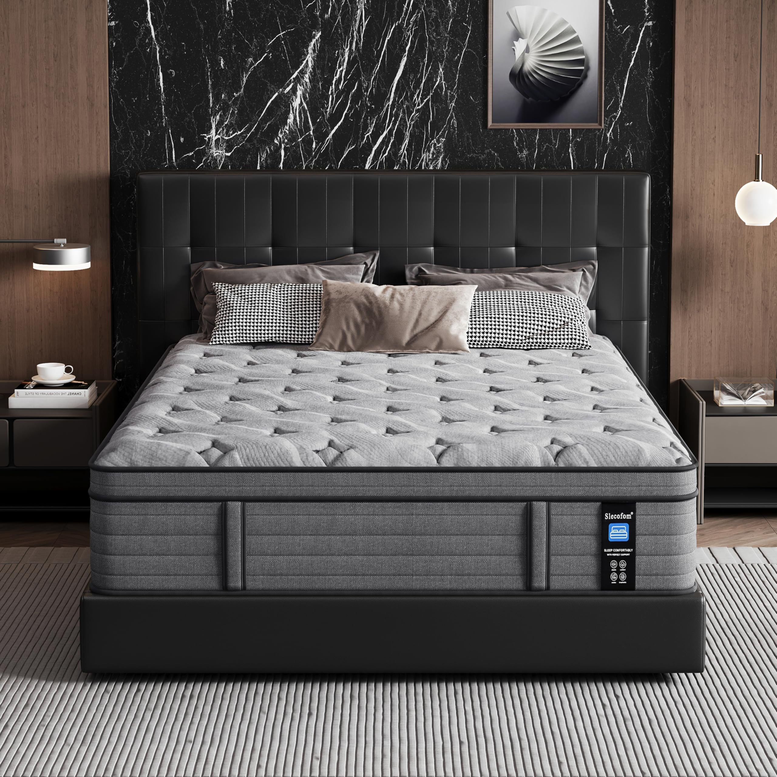 Firm Mattress - 14 Inch Queen Size - Luxury Foam Layer & Zoned Support Spring, Fiberglass-Free Hybrid Mattress with Extra Lumbar & Shoulder Support