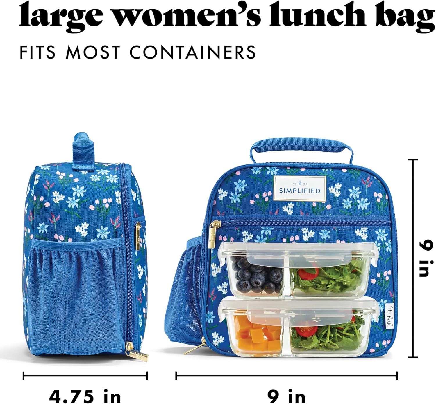 Fit & Fresh Lunch Bag For Women, Insulated Womens Lunch Bag For Work, Large Lunch Box For Women With Two Matching Containers, Townsend Lunch Bag, Navy Wildflower - Image 4
