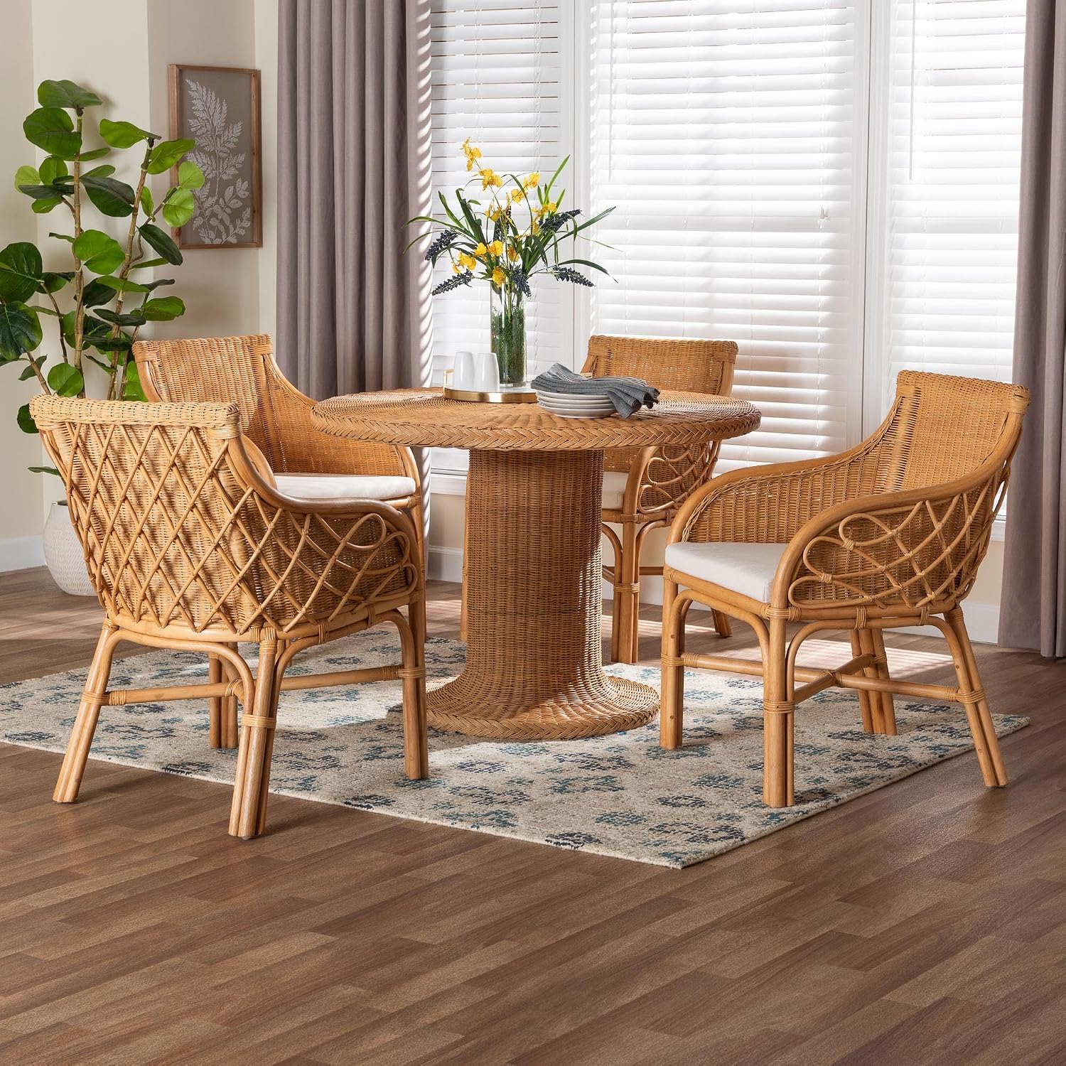 Bali & pari Wymond 5-Piece Rattan Dining Set - Round Wicker Table with Pedestal Base and 4 Armchairs, Handwoven Boho Coastal Style for Dining, Kitchen or Sun Room, Light Honey