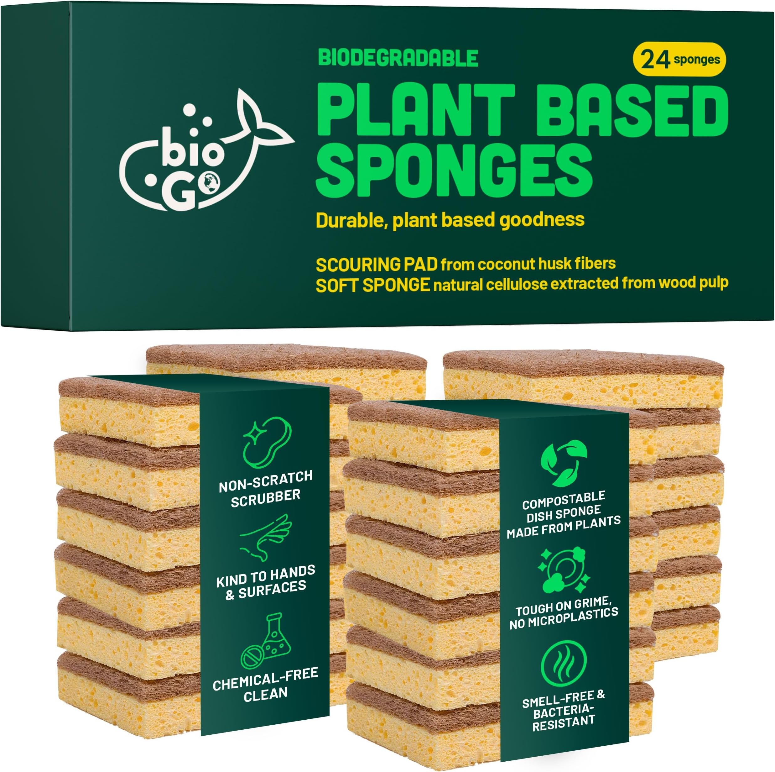 24 Pack Biodegradable Kitchen Sponges - Eco-Friendly, Compostable, Natural Cellulose Dish Sponge - Washing Up - Biodegradable Kitchen