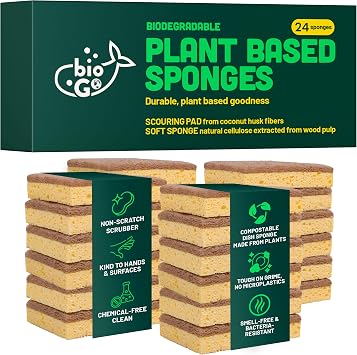 bioGo 24 Pack Biodegradable Kitchen Sponges - Eco-Friendly, Compostable, Natural Cellulose Dish Sponge - Washing Up - Biodegradable Kitchen