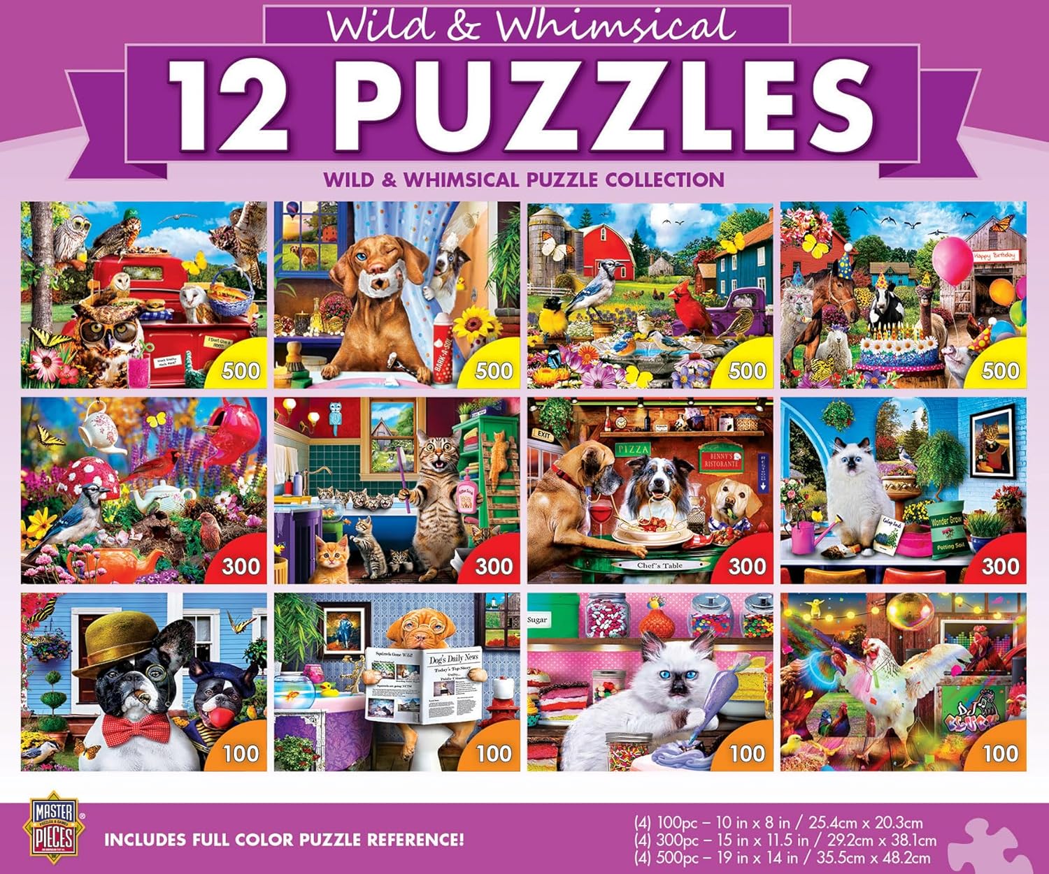 MasterPieces – Jigsaw Puzzle 12-Pack Bundle Set, Fun for Adults and Family, Wild & Whimsical Collection, (4) Round 100 Piece, (4) 300 Piece, (4) 500 Piece
