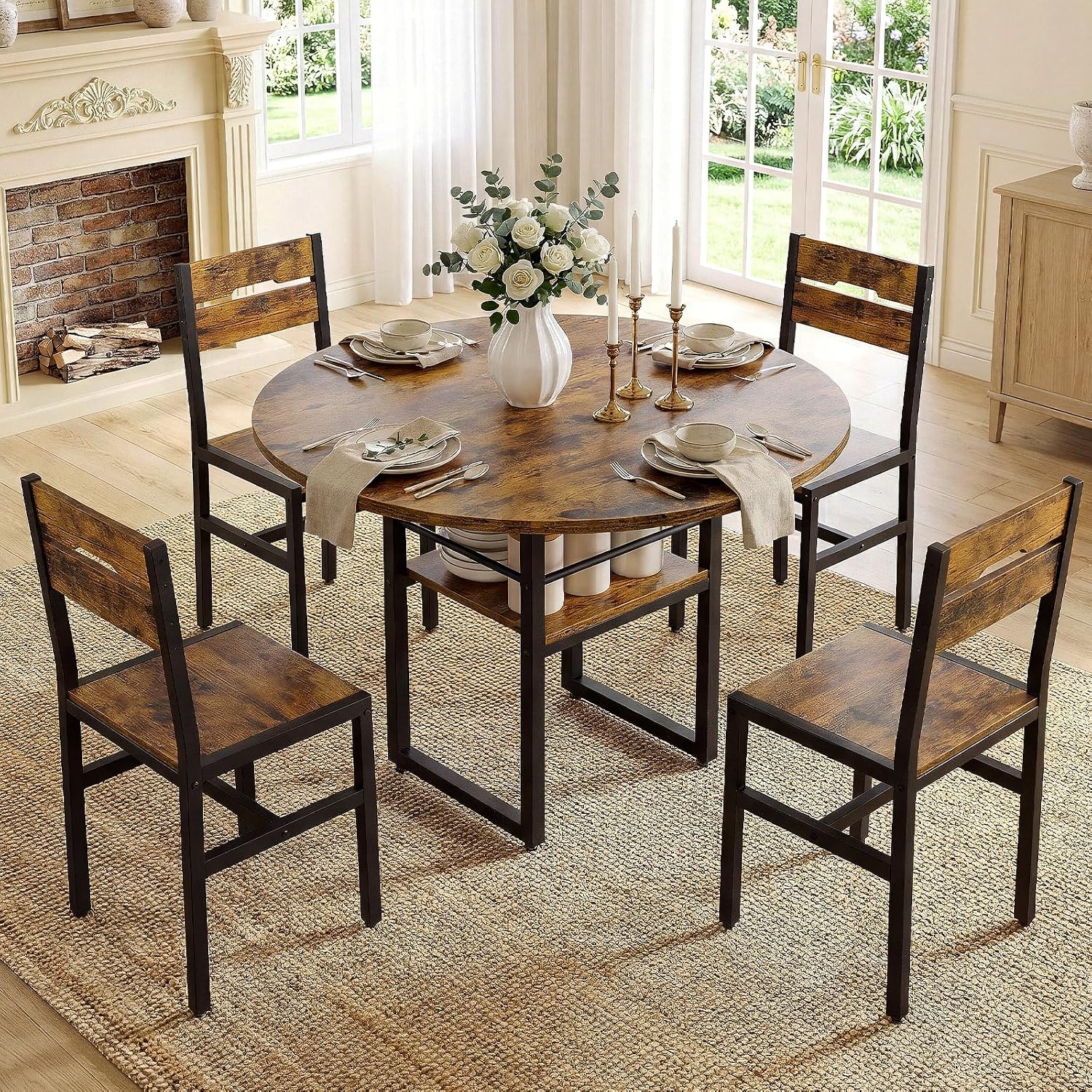 RALGEND Round Dining Table Set for 4, 5-Piece Kitchen Table and Chairs with Storage Shelf, Circle Dinner Table Set with Wooden Tabletop & Metal Legs, for Kitchen & Dining Room, Rustic Brown and Black