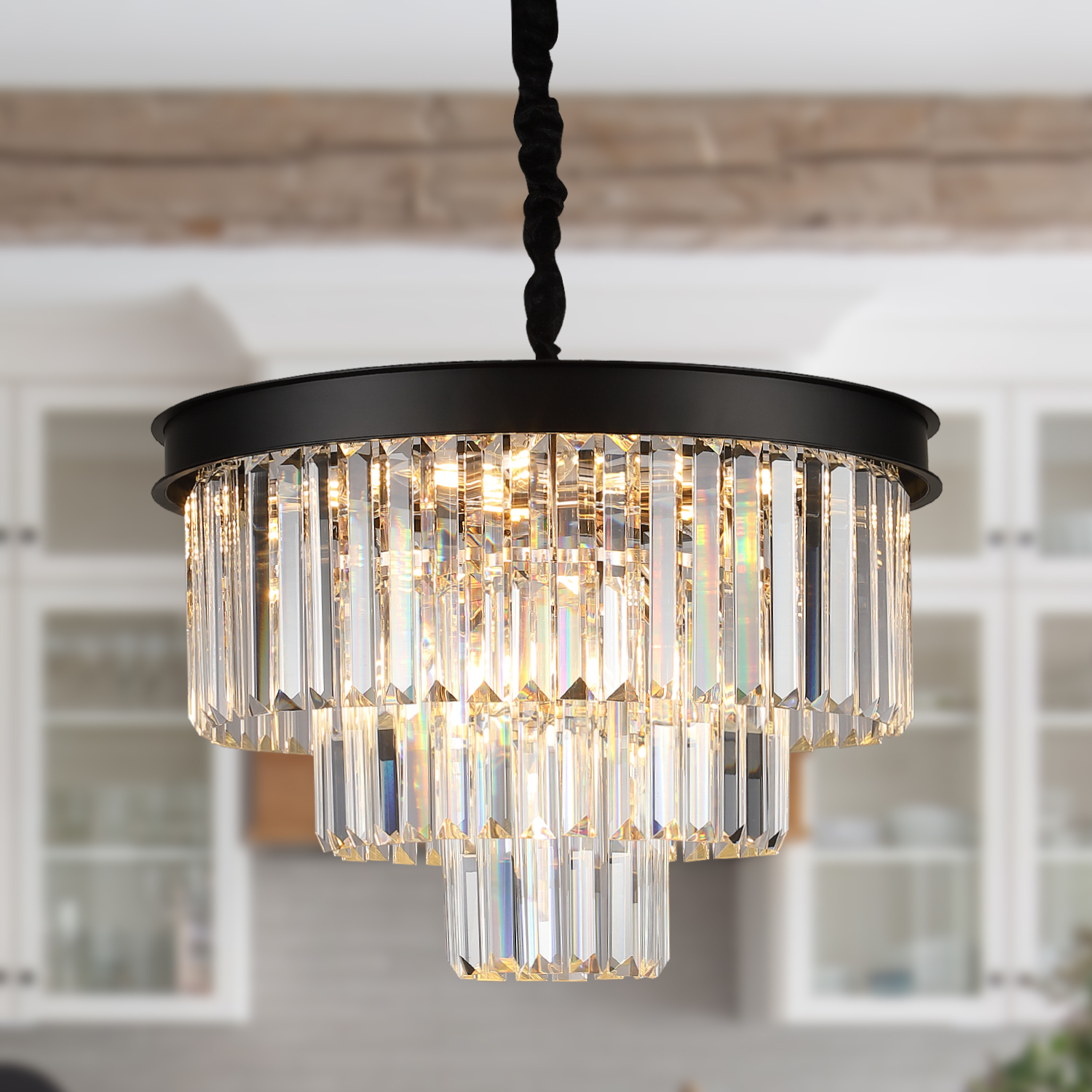 Image of Black Crystal Chandelier Modern 20 inch Round Light Fixtures for Living Room