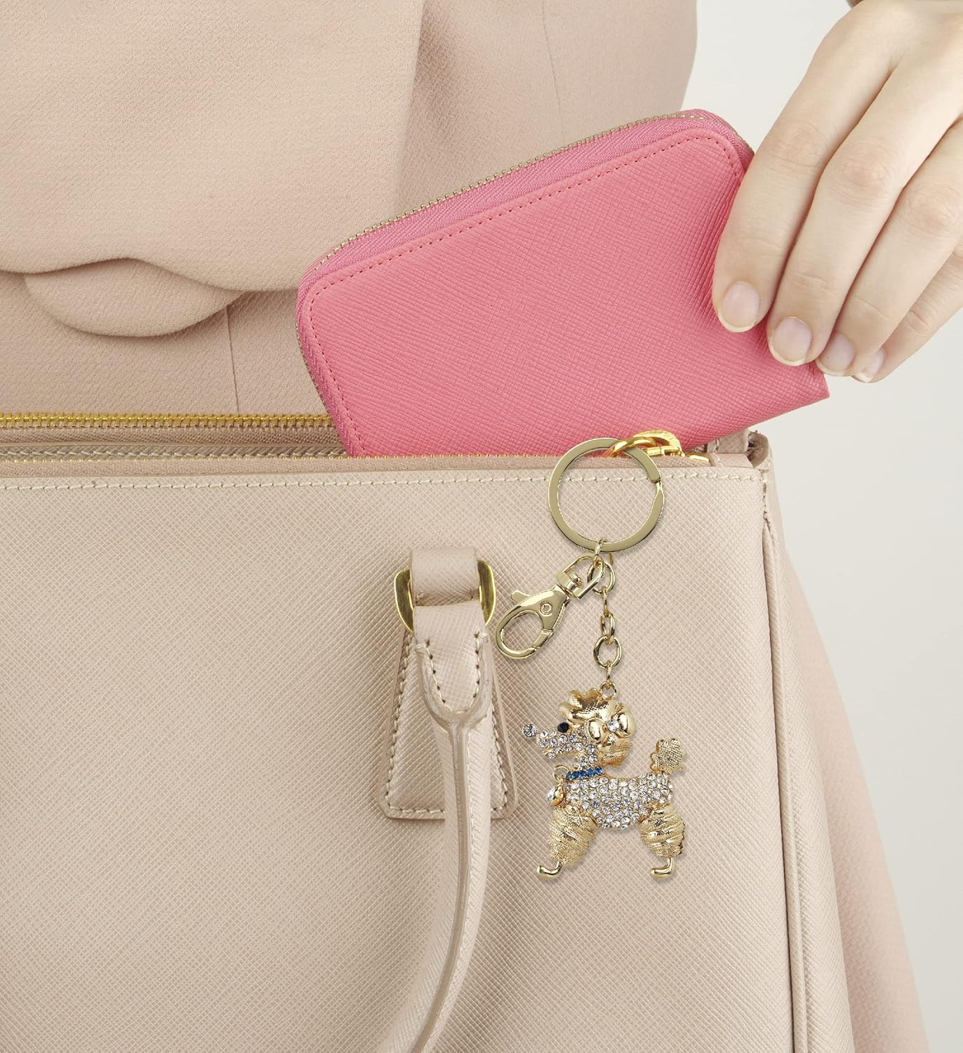 Stylish Poodle Dog Keychain - Gold 3D Sparkling Charm Rhinestones Fashionable Stylish Metal Alloy Durable Key Ring Bling Crystal Jewelry Accessory with Clasp - Image 6