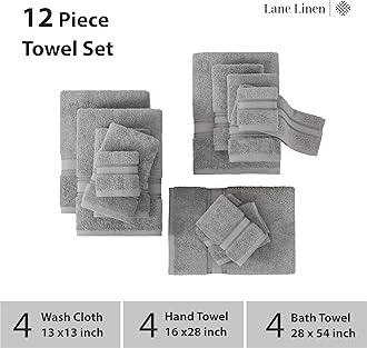LANE LINEN Bath Towel Set of 12 – Premium 100% Cotton Towels for Bathroom, 4 Bath, 4 Hand & 4 Washcloth, Zero Twist, Hotel Collection Towels, Gentle on Body, Absorbent & Ideal for Everyday Use – Grey