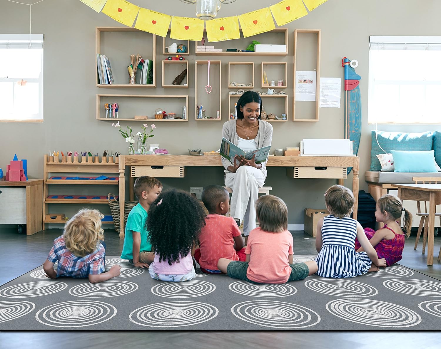 Flagship Carpets Circles Abstract Educational Area Rug for Kids Room Seating Décor, Children's Classroom, Play Carpet for Teaching and Playroom, Seats 24, 7'6" x 12', White & Grey