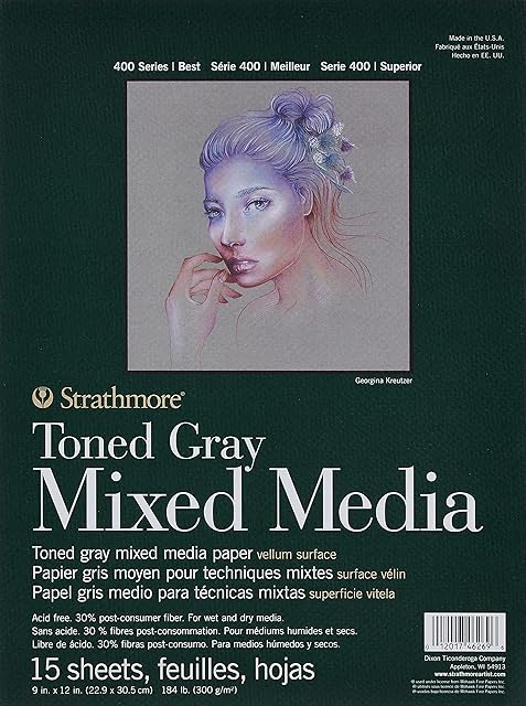 Strathmore 400 Toned Mix Media 300gsm Pad, 15 x 9x12 in Sheets, Foldover Cover - Glued 1 side, Ideal for Professionals & Students