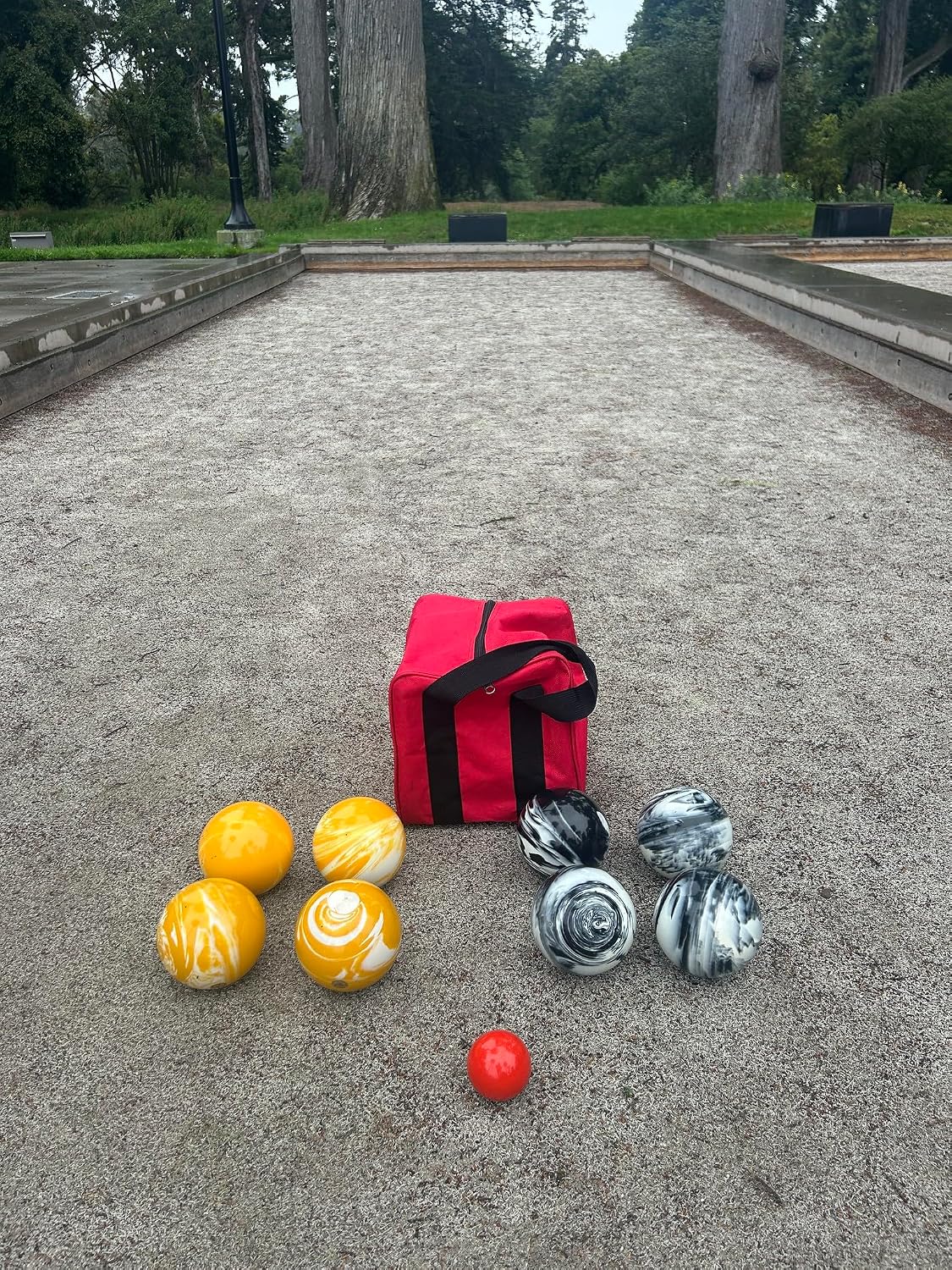 BuyBocceBalls Listing - Made in USA, Premium Quality Official Tournament Bocce Set - 107mm Marble Black and Marble Yellow Balls Nylon Bag; Regulation Size Balls 920 Grams (2 lbs. 1 oz.)