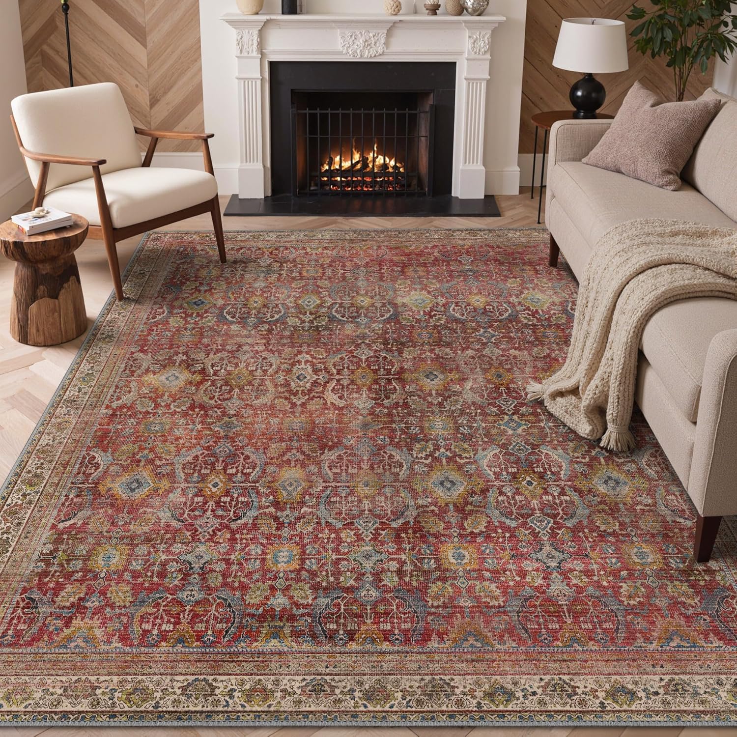 GENIMO 9x12 Area Rugs for Living Room, Machine Washable Non Slip Vintage Rugs, Low Pile Lightweight Chenille Print Rug for Bedroom, Dining Room, Home Office, Mocha Brick Mocha Brick 9' x 12' (Rectangular)