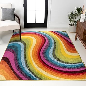 JONATHAN Y Flow Abstract Swirl Indoor Area Rug 5x8, Red/Yellow/Blue, Modern, Coastal, Easy-Cleaning for Living Room, Bedroom, Kitchen, Pet Friendly, Non-Shedding DZC100A-5