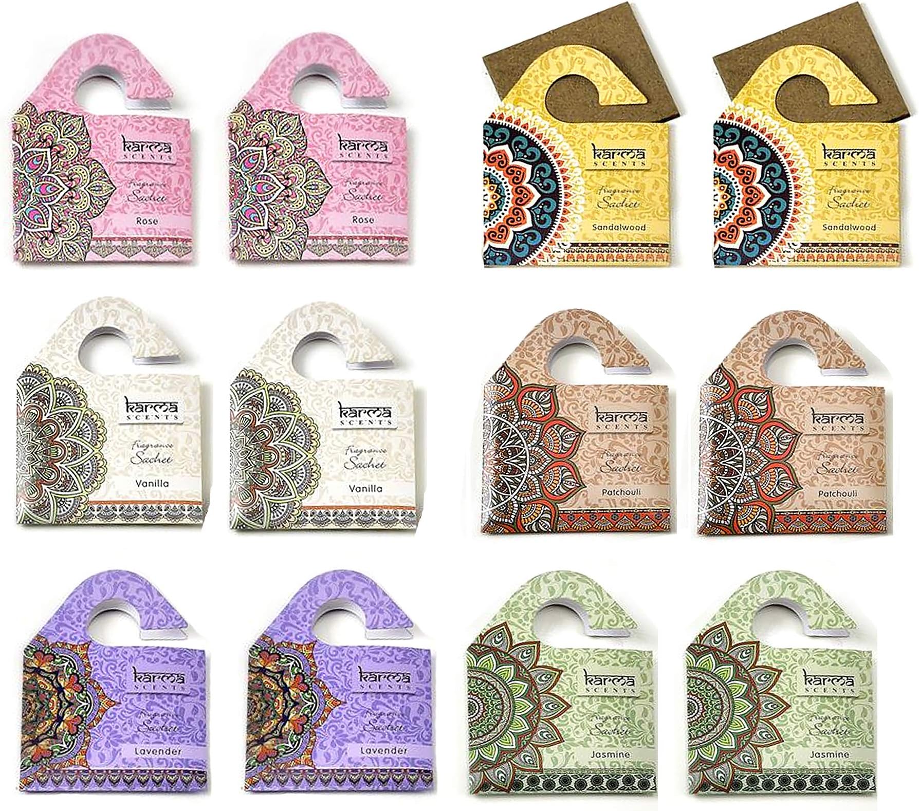 Karma Scents Set of 12 Wooden Board Sachets - Naturally Scented and Long-Lasting - Patchouli, Sandalwood, Rose, Vanilla, Jasmine, Lavender