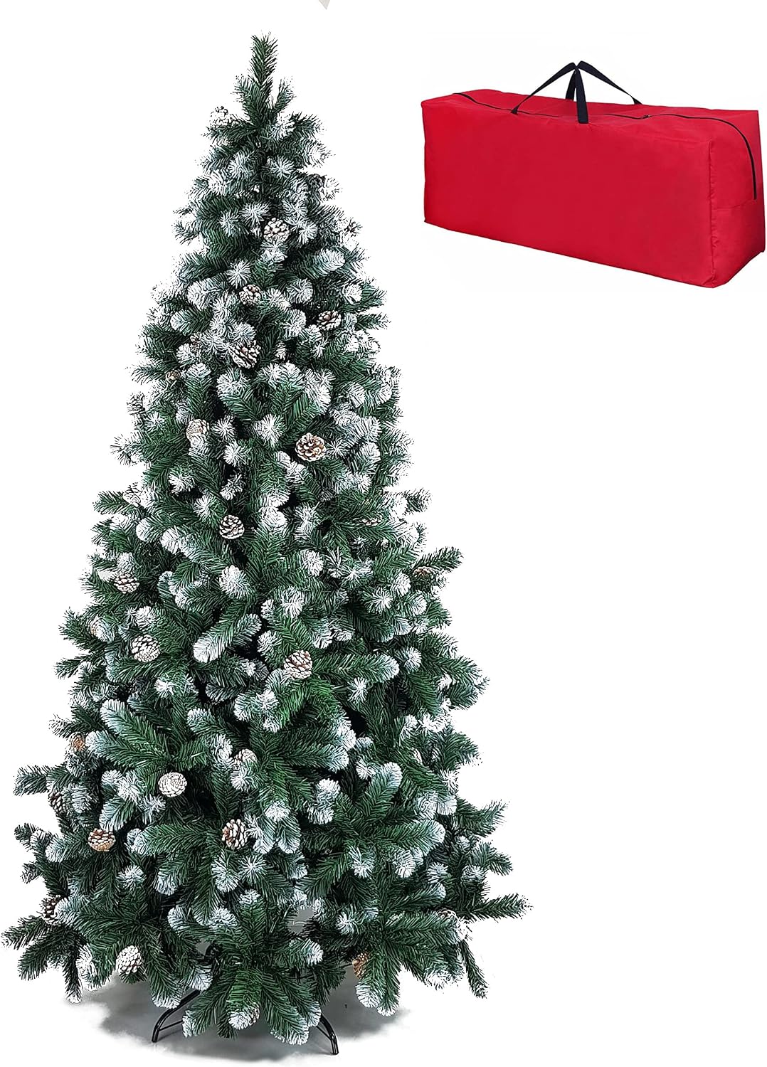 Albero Di Natale Sottile Innevato 1,2m Con 455 Punte E 19 Pigne - Artificiale Con Base In Acciaio