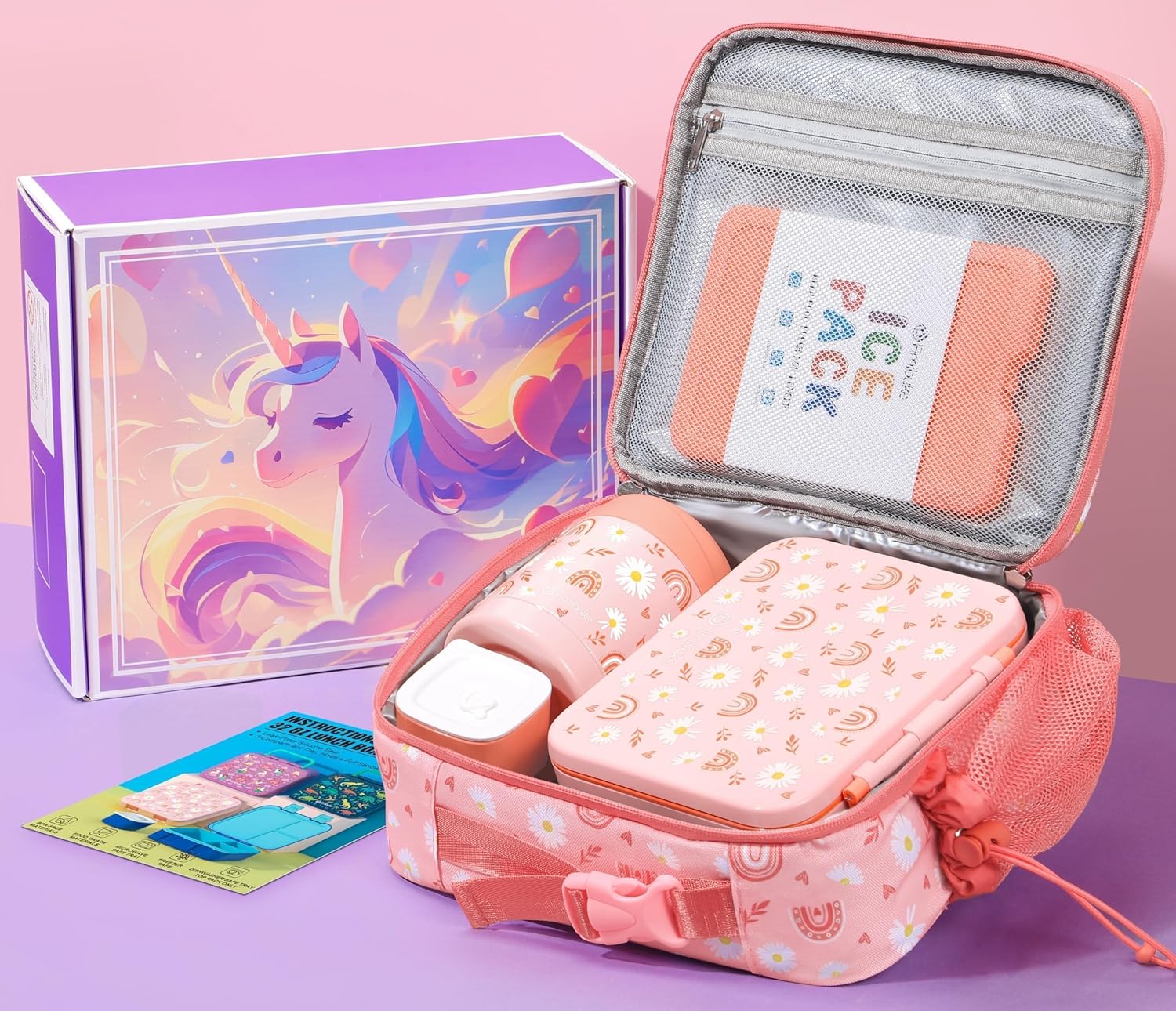 Fimibuke Bento Lunch Box for Kids with Food Ja, 3-Compartment 32OZ Snack Lunch Container, Lunch Bag, 12OZ Insulated Food Jar & Ice Pack Set for Age 3-12 School Daycare Toddler Teen Girls Boy, Rainbow