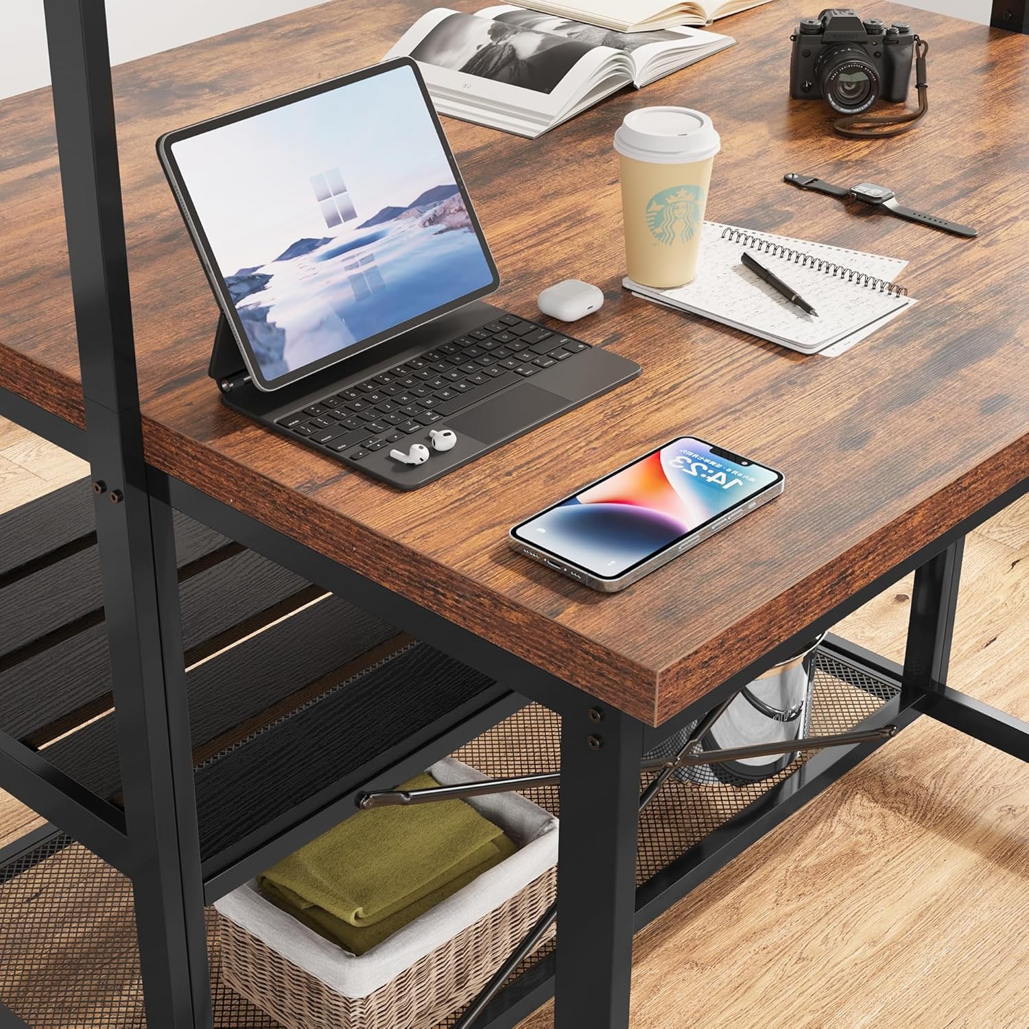 GarveeHome Kitchen Island with Storage, 42''Island Table for Kitchen with Seating Bakers Rack Microwave Oven Stand Shelf with 3 Tier Storage Shelf for Dining Room Living Room, 5 Hooks 42"*28"*72"