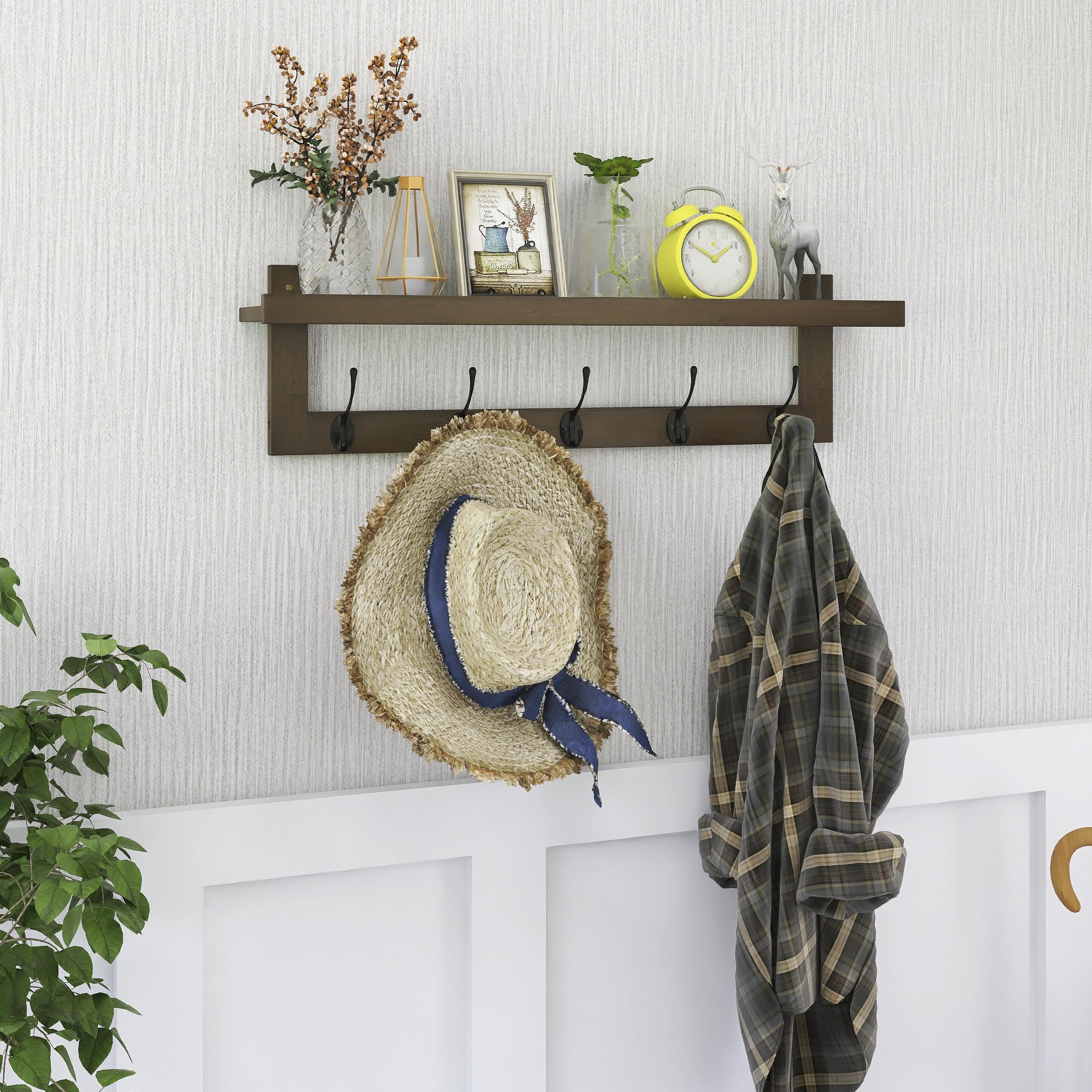 SMIBUY Appendiabiti con mensola a parete, appendiabiti da 74 cm per parete, mensola sospesa in bambù con 5 doppi ganci metallici per bagno, camera da letto, cucina, soggiorno, mudroom (Noce)