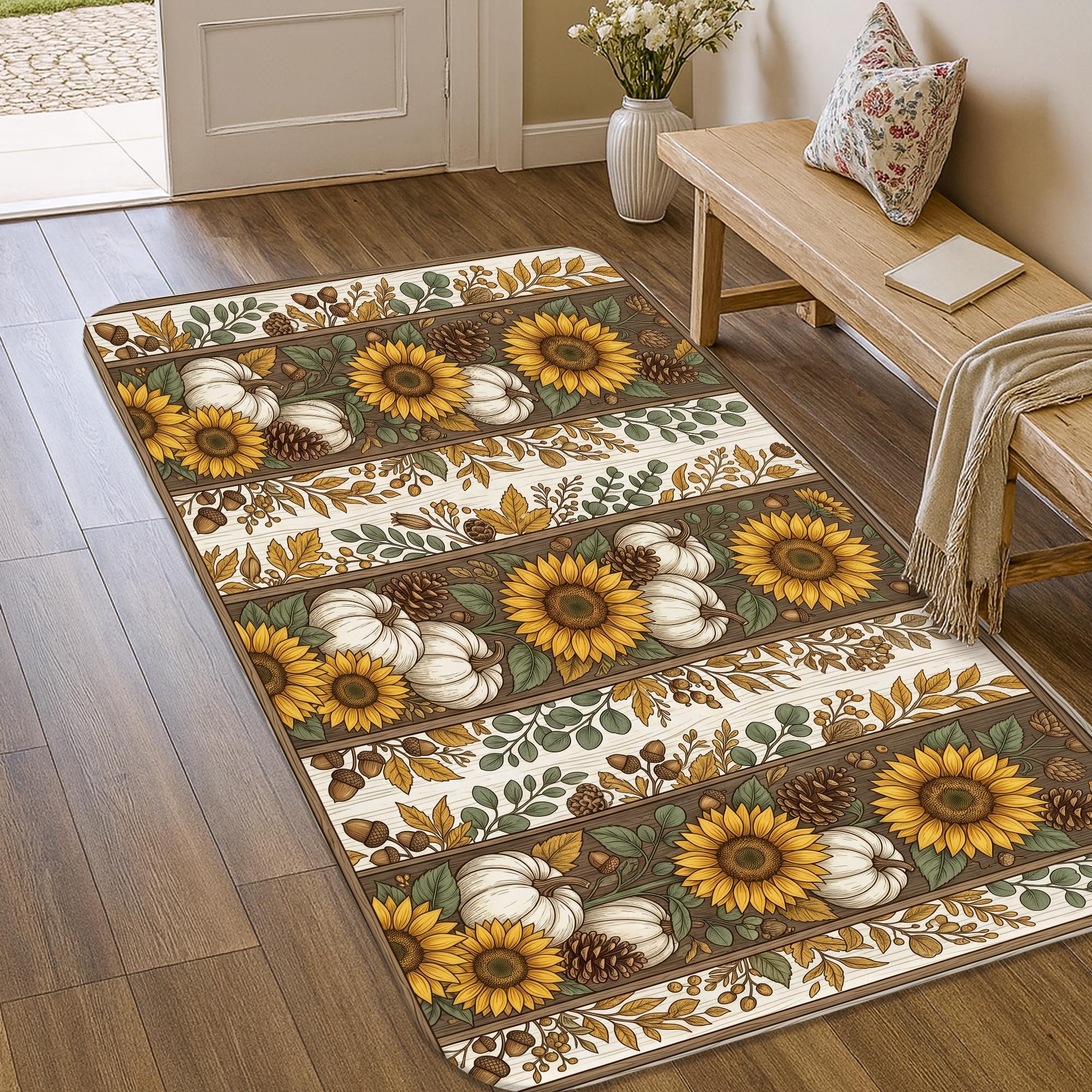 Alfombra rectangular de girasoles rústica y hojas de calabaza decorativa para puerta