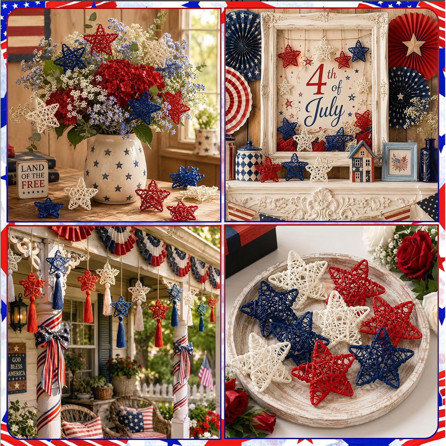 MEMOVAN 4th of July Patriotic Star Rattan Decoration 18Pcs Red Blue White Stars Patriotic Wicker Ornament Patriotic Star Vase Fillers for 4th of July Independence Day Craft DIY Bowl Filler Table Decor