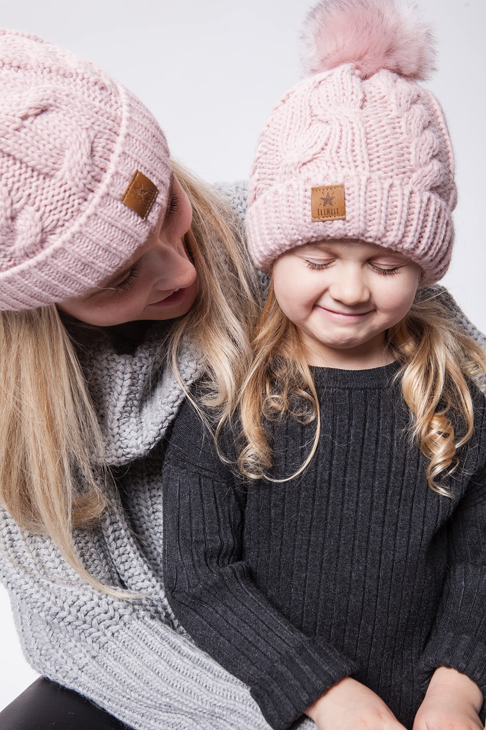 ELIMELI Eltern-Kind Mütze Mädchen Warme Wintermütze für Mutter und Tochter Mütze Damen Winter mit Kunstfell Bommel Slouch Strick Beanie Damen Bommelmütze Kinder Mama und Baby Cap Set 1
