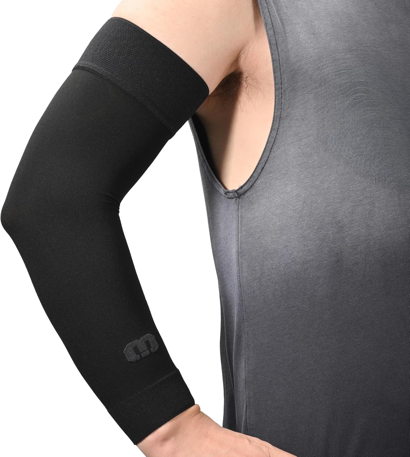 MGANG Lymphedema Compression Arm Sleeve for Women Men, Opaque, 20-30 mmHg Compression Full Arm Support with Silicone Band, Relieve Swelling, Edema, Post Surgery Recovery, Single Black XL