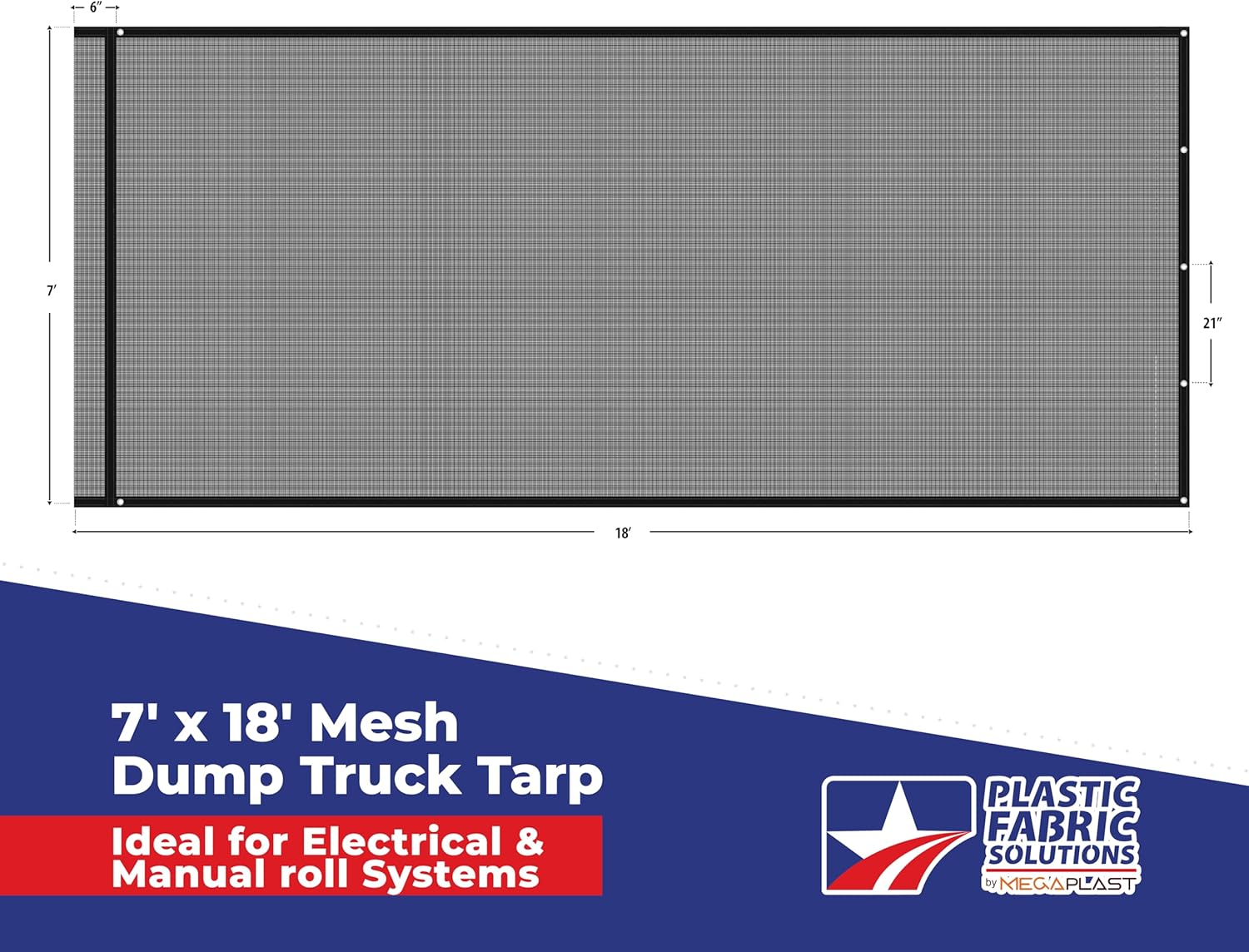 Plastic Fabric Solutions 7x18 Dump Trailer Tarp - Mesh Dump Truck Cover with 6'' Pocket - PVC Coated Mesh Tarp for Electrical & Manual roll Systems (7' x 18')