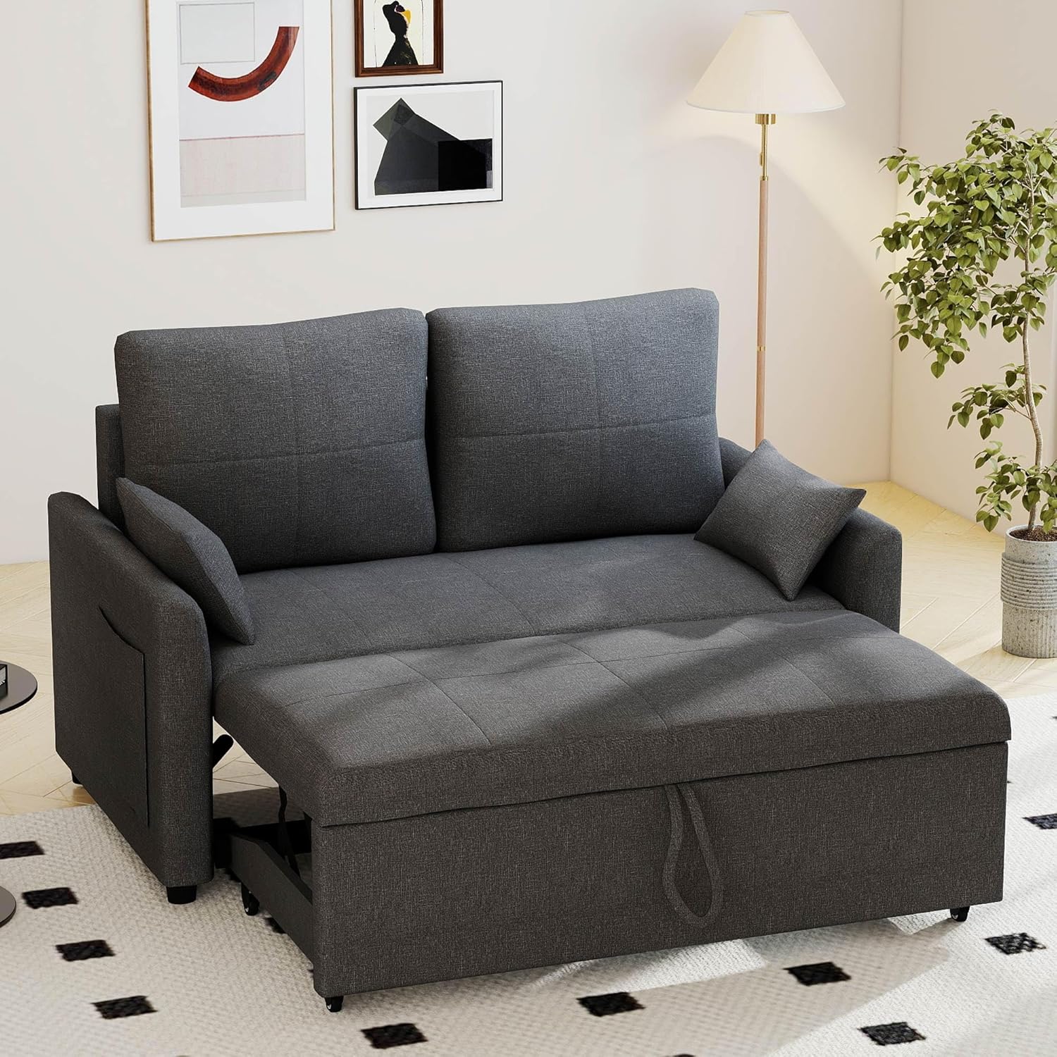 Sleeper Sofa Bed Couch: 55" Grey Couch with Pull Out Bed, Queen Size Convertible Loveseat Sleeper Sofa, Comfortable Sectional Pullout Beds for Living Room | Linen