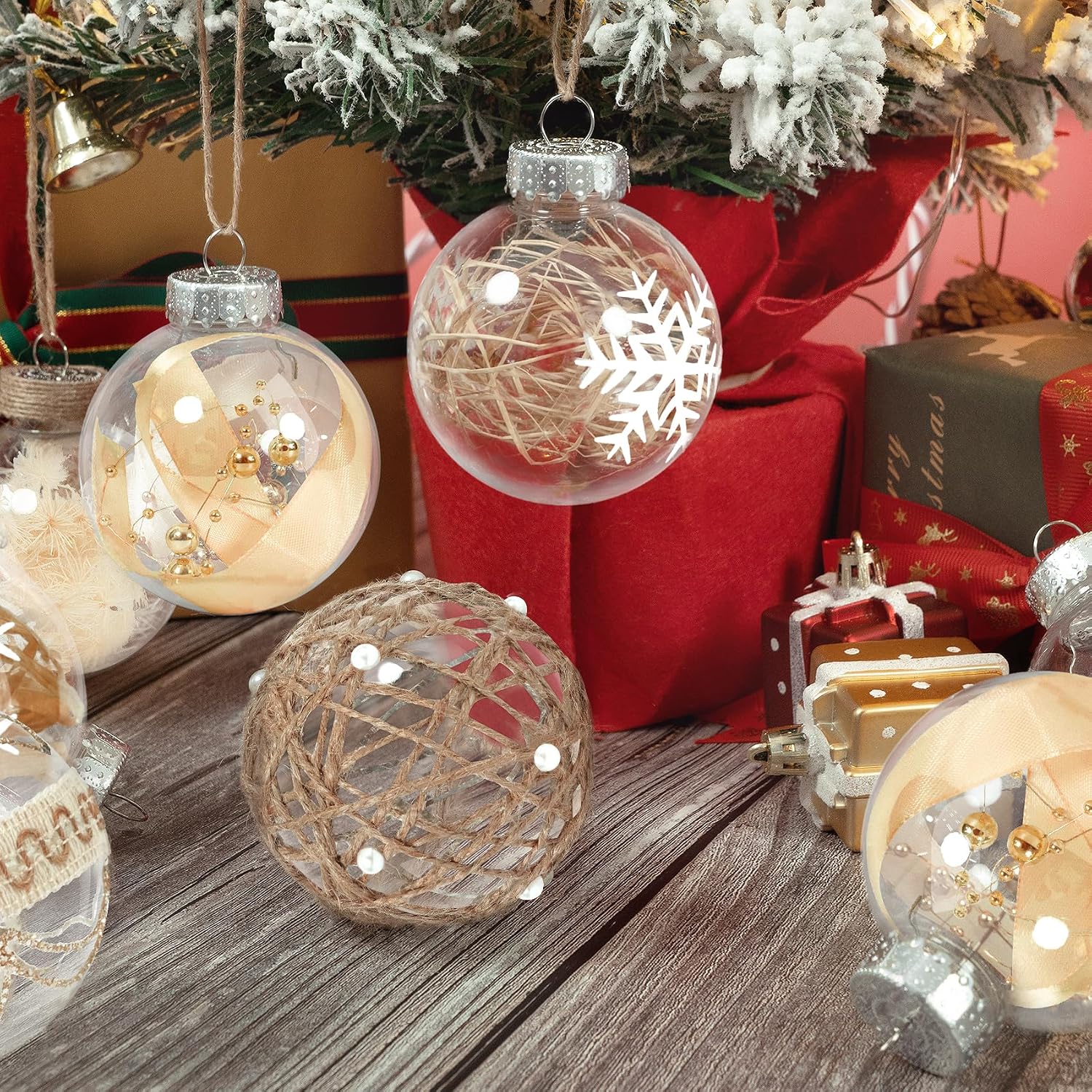 Korlon Tec 20 Pack Farmhouse Christmas Ornaments, 70mm/2.76" Rustic Christmas Ball Ornaments, Large Clear Plastic Neutral Boho Tree Decorations for Xmas Garland Wreath Holiday Home Wedding Party Decor