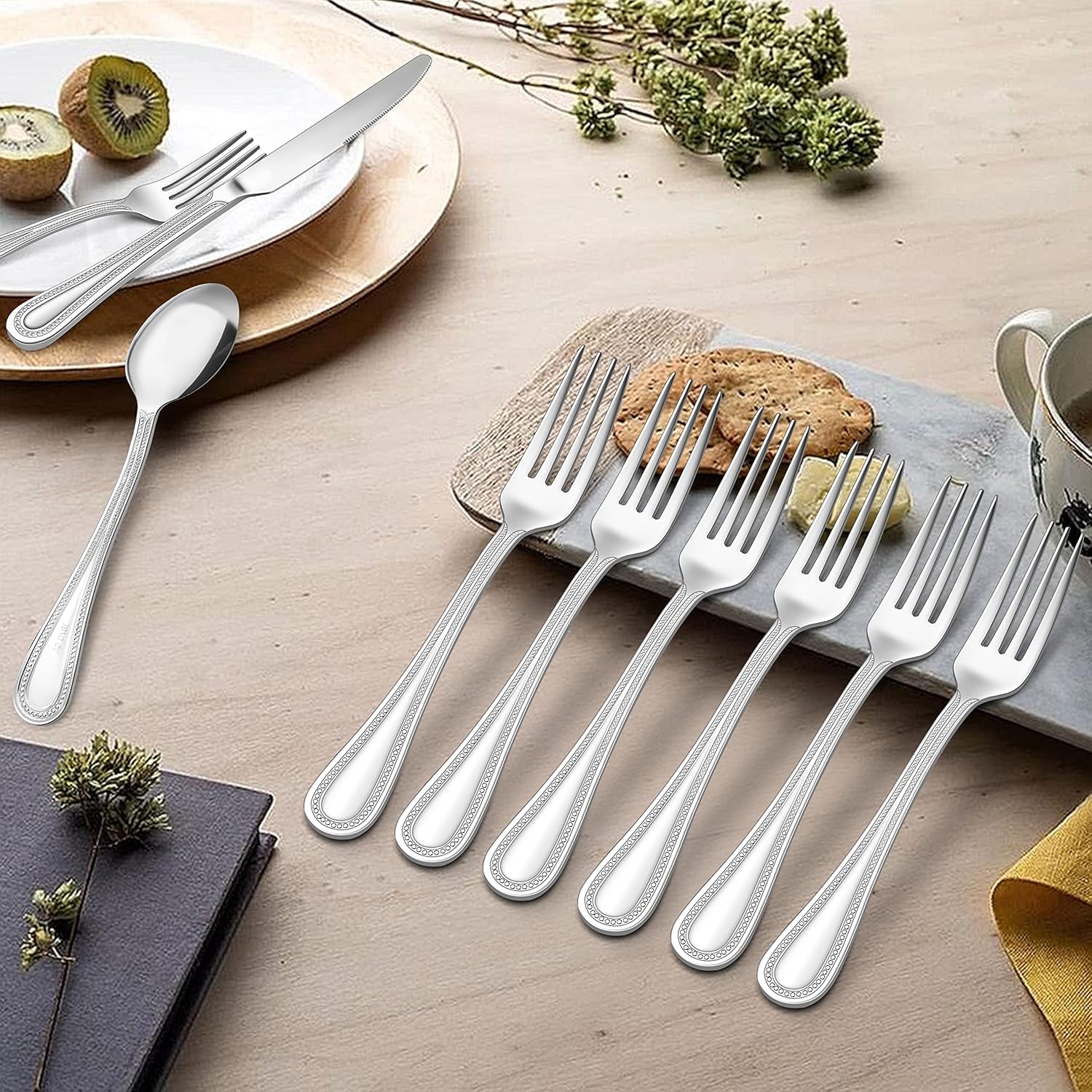 HaWare 12 Pieces Dinner Forks Set, Stainless Steel 7.9 Inches Silverware with Pearled Edge Handle for Home/Kitchen/Restaurant, Classic Elegant Design, Mirror Polished, Dishwasher Safe (Pack of 2)