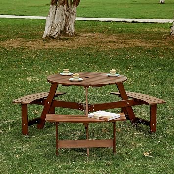 JOYBASE 6-Person Wooden Picnic Table, Outdoor Round Table with Built-in Benches and Umbrella Hole, Picnic Table Bench Set for Patio, Backyard, Garden Brown