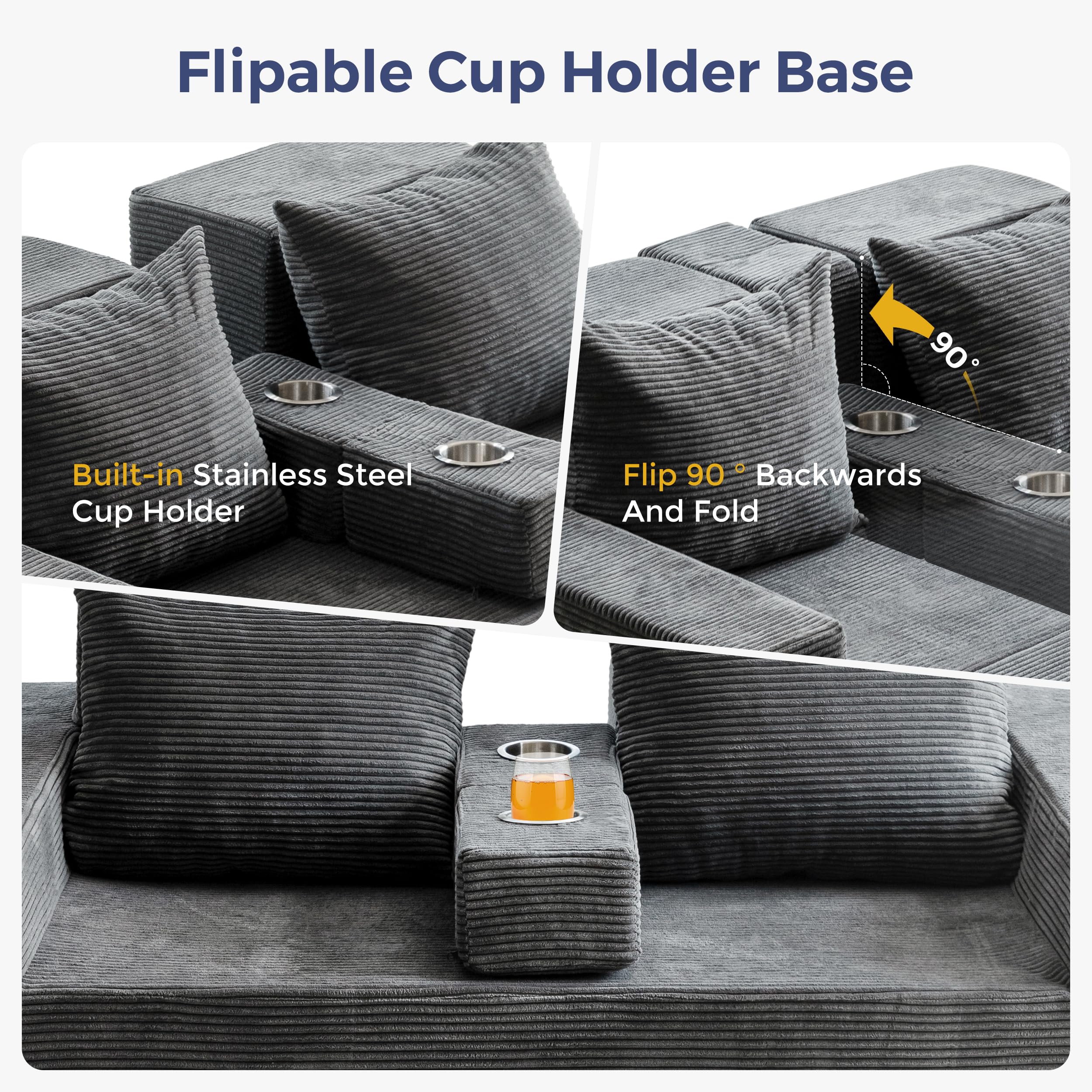 MAXYOYO Divano Letto Pieghevole, Sofa da Pavimento in Velluto a Coste, Divano Funzionale Trasformabile con Portabicchieri e Cuscino, Sofa a Compressione per Soggiorno, Camera da Letto e degli Ospiti