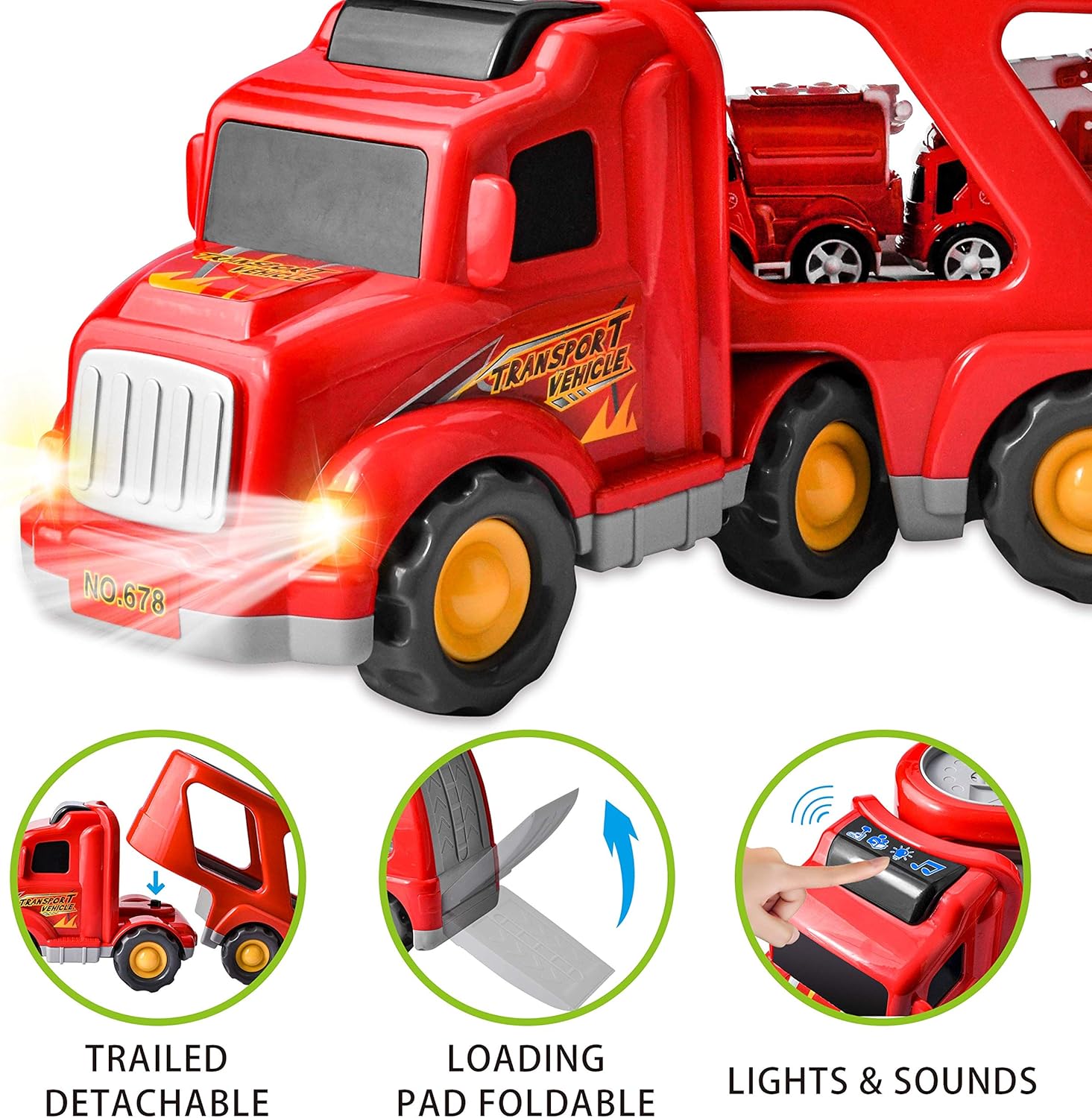 JOYIN 6PC Transport Carrier Truck with 5 Fire Rescue Diecast Vehicle Toys, Car Toy Set with Light and Sounds, Friction Powered Play Vehicles and Car Carrier Trailer : Toys & Games