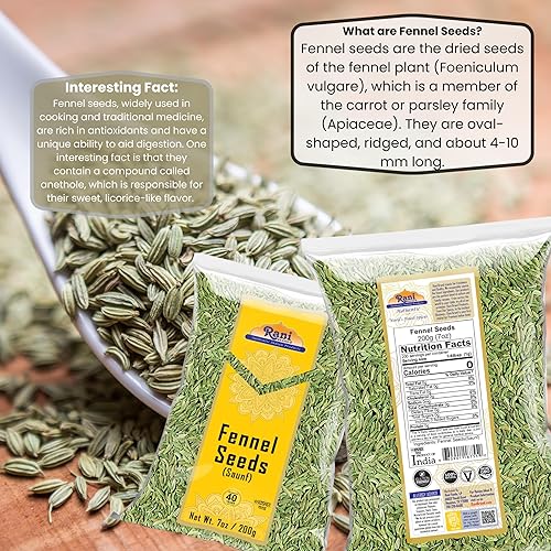 Miniatura 5 de Rani - Semillas de hinojo (Saunf Sabut) - Especias enteras de 7 onzas (7.05 oz)  totalmente naturales  Apto para gluten  Sin OMG  Veganas  Origen