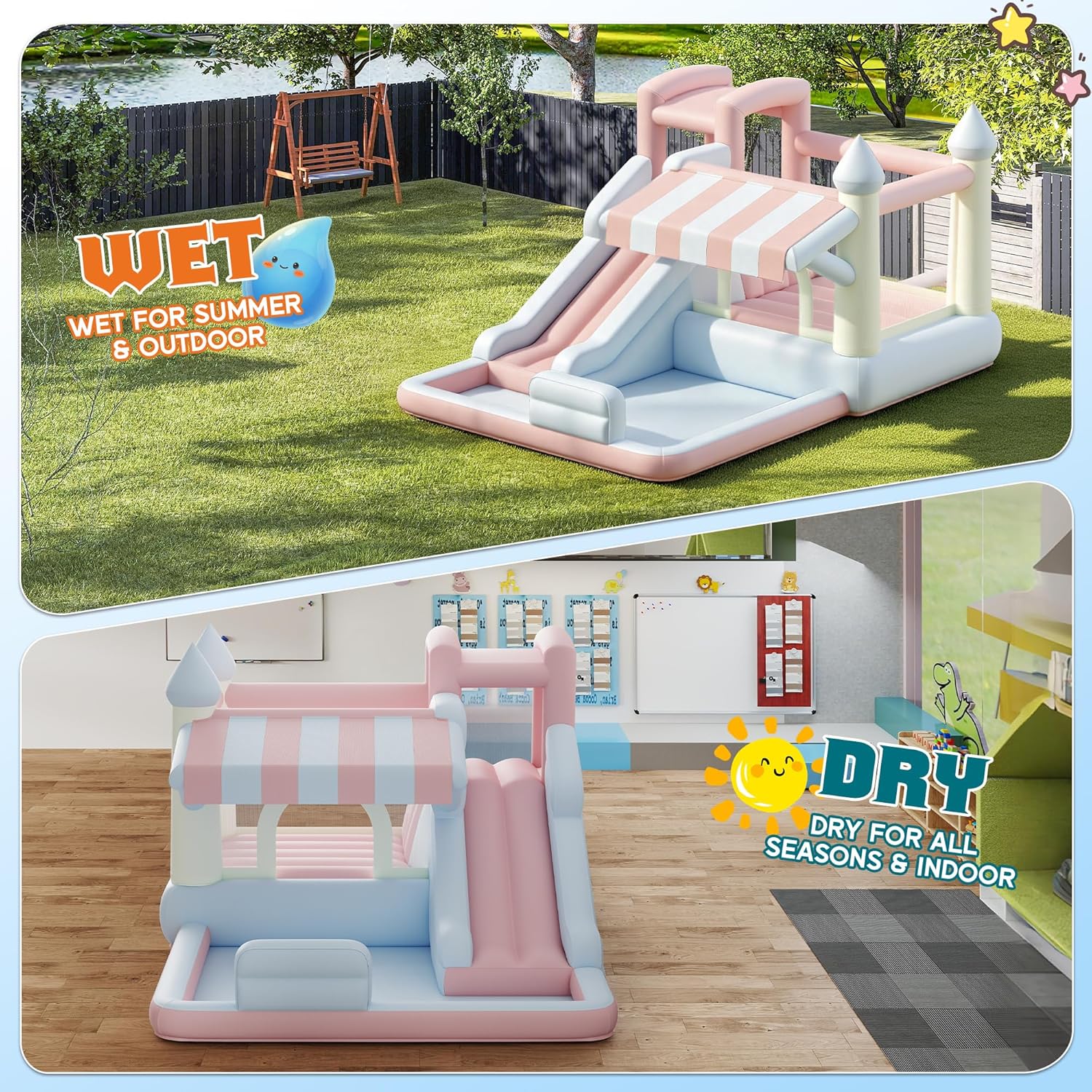 Albott Inflatable Bounce House, Water Slide with Jumping Area, Climbing Wall and Splash Pool, Indoor Outdoor Jumper for Big Children, Air Blower Included, Pastel Color, 121x93x69 Inch