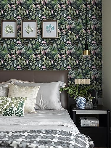 Miniatura 5 de Papel tapiz floral para despegar y pegar, papel tapiz tropical para despegar y pegar, papel tapiz verde oscurorosa, papel de pared de hoja de selva