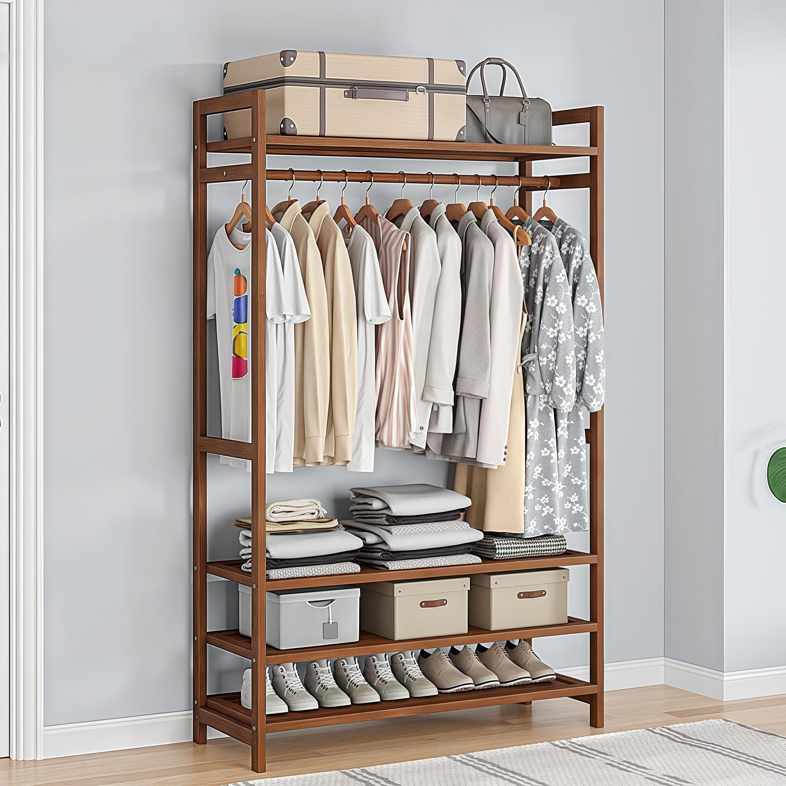 LEDIN Bamboo Portable Closet Wardrobe - Heavy Duty Freestanding Clothing Rack with Adjustable Shelves & Hanging Rod | Sturdy Storage for Bedroom, Living Room, Closet Organization