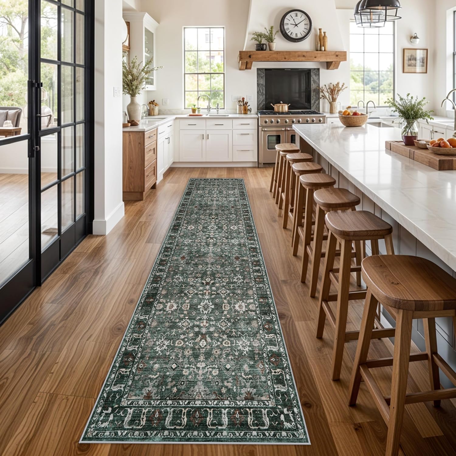 Green 3x12 Washable Runner Rug: 12ft Runners for Hallways Soft Non Slip Kitchen Rugs for Bedroom Bathroom Entryway - Stain Resistant Vintage Floral Carpet (Dark Green Multi, 3X12)