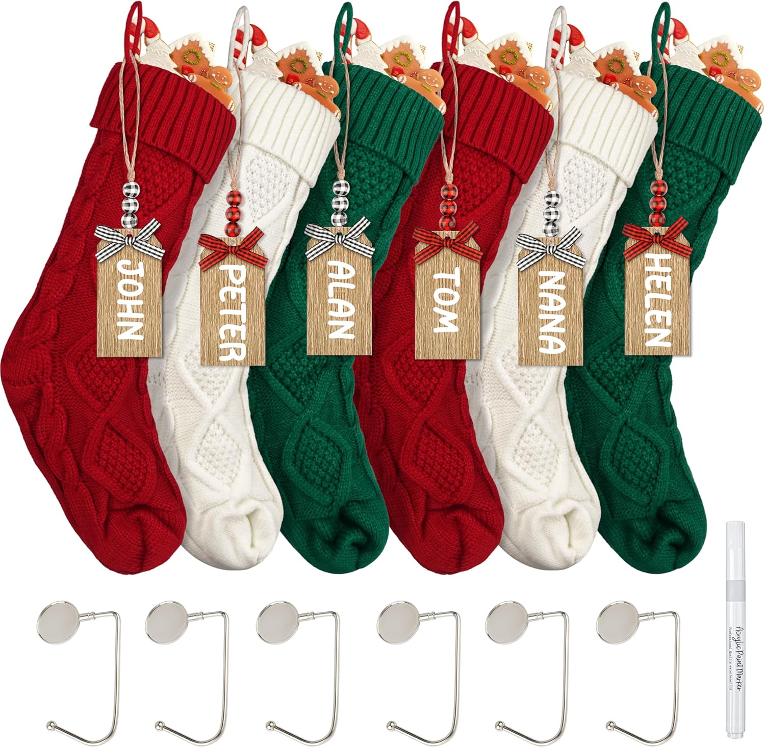 BORAMDO 6Pack Cable Knitted Christmas Stockings with Bow Name Tags, 18Inch Personalized Hanging Christmas Stockings Wooden Xmas Gift Tags for Holiday Party Family Home Xmas Tree Decor