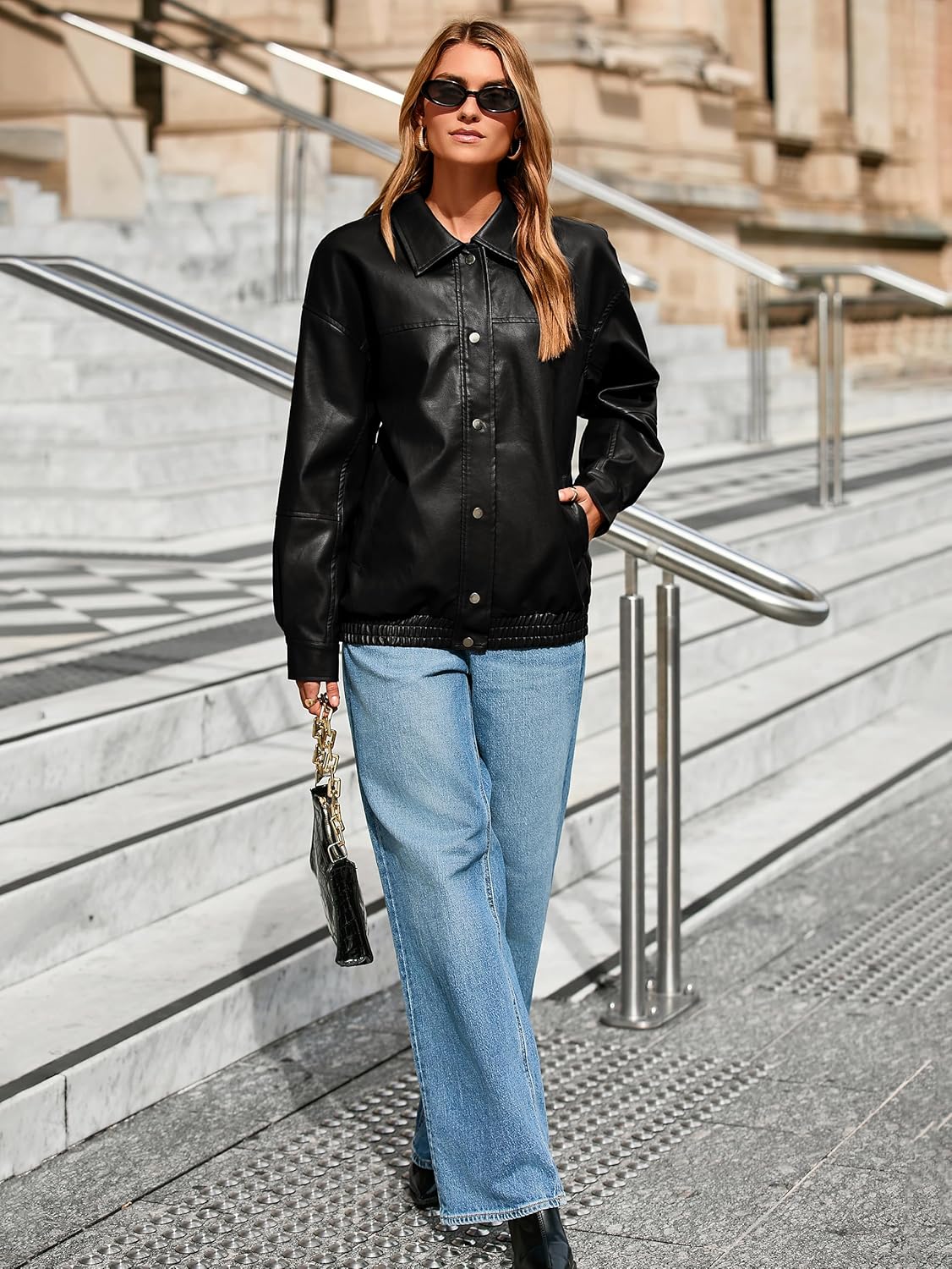 Glamaker Womens Faux Leather Jacket Trendy Outfits Loose Fit Button Down Motorcycle Bomber Jackets Fashion Fall Winter Coat - Image 6