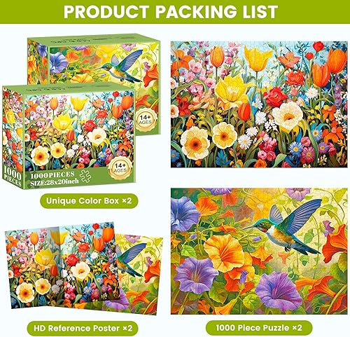 Miniatura 3 de Paquete de 2 rompecabezas para adultos de 1000 piezas, rompecabezas duros de 1000 piezas para adultos, rompecabezas gruesos y duraderos de colibríes