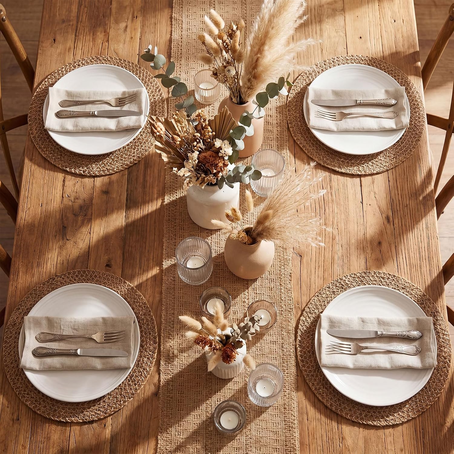 6 Pcs 15'' Round Boho Woven Placemat and 72'' Long Jute Table Runner Set Burlap Braided Mat Macrame Farmhouse Rustic Natural Table Runner Centerpiece for Home Dining Kitchen Wedding Decor
