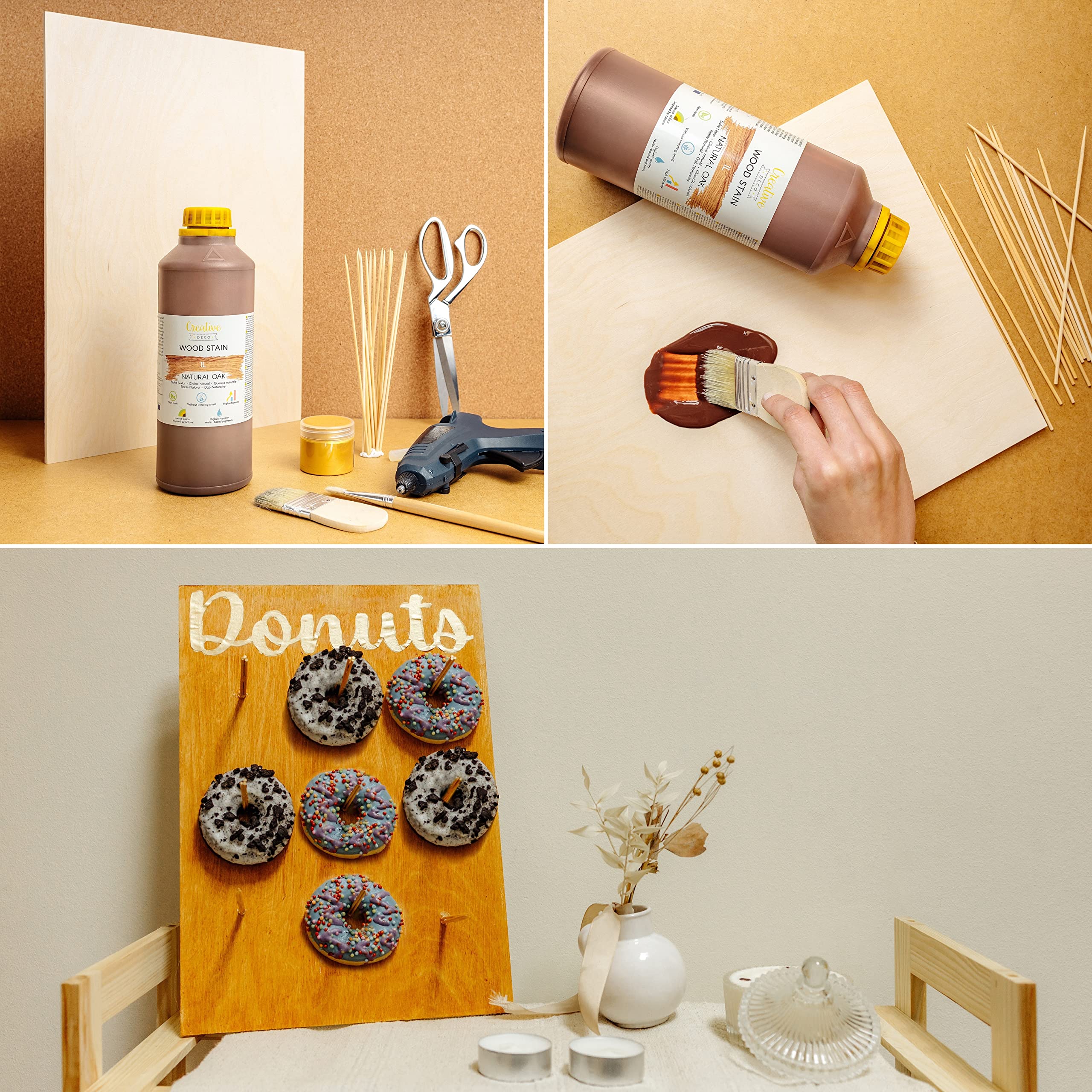 Creative Deco 1L Barniz Madera Interior Tinte al Agua | Color Roble Natural | 1L | Secado Rápido | No Tóxico | Para Paneles de Madera, Parquet, Hormigón, Ladrillo, Papel Pintado y Más | Alta Eficacia