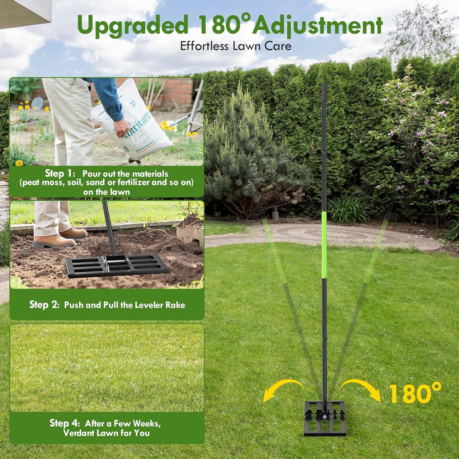 Seeutek Lawn Leveling Rake, 18” x 10” Lawn Leveler with 6.5FT Stainless Steel Handle Rakes for Lawns, 0-180° Adjustable Ground Leveler Tool for Yard, Level Soil Sand Dirt Surfaces