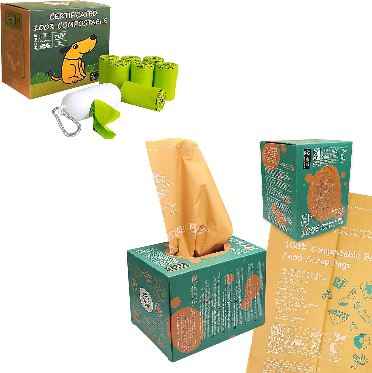 Compostable Bags Bundle - Dog Poop Bag with Dispenser and Moonygreen Compostable Trash Bags 13 Gallon, 49.2 Liter, 50 Count