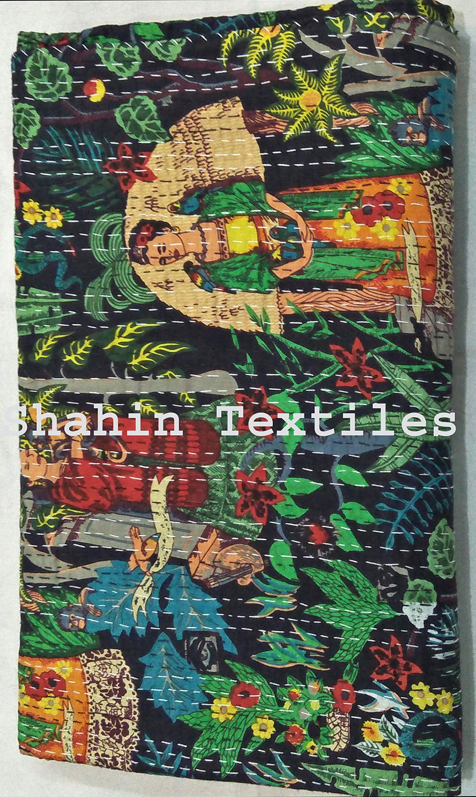 TI AMO Handmade Multi Color Printed Kantha Quilt 60x90 Inch Kantha Coverlet Throw Kantha Gudari-image-46